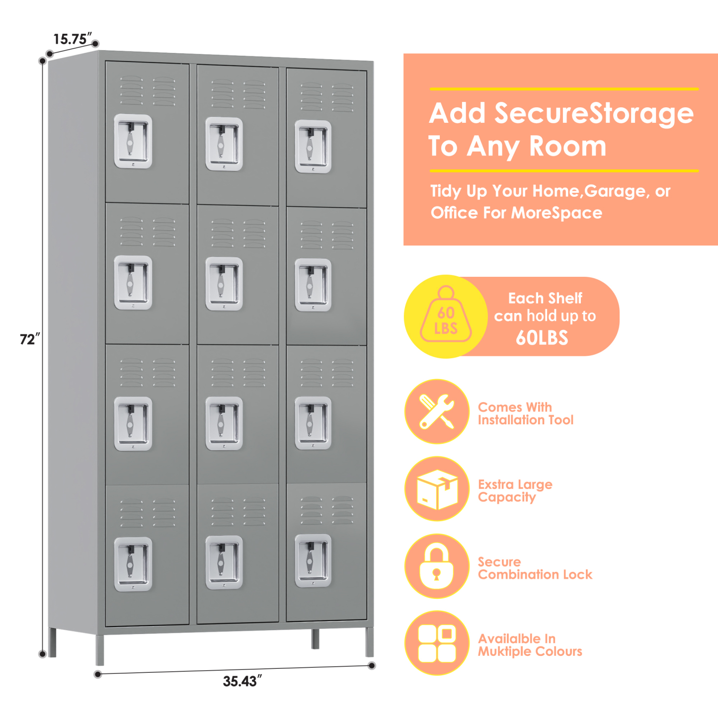 Aobabo 12-Door Light Grey Metal Locker for School Office Gym Bedroom