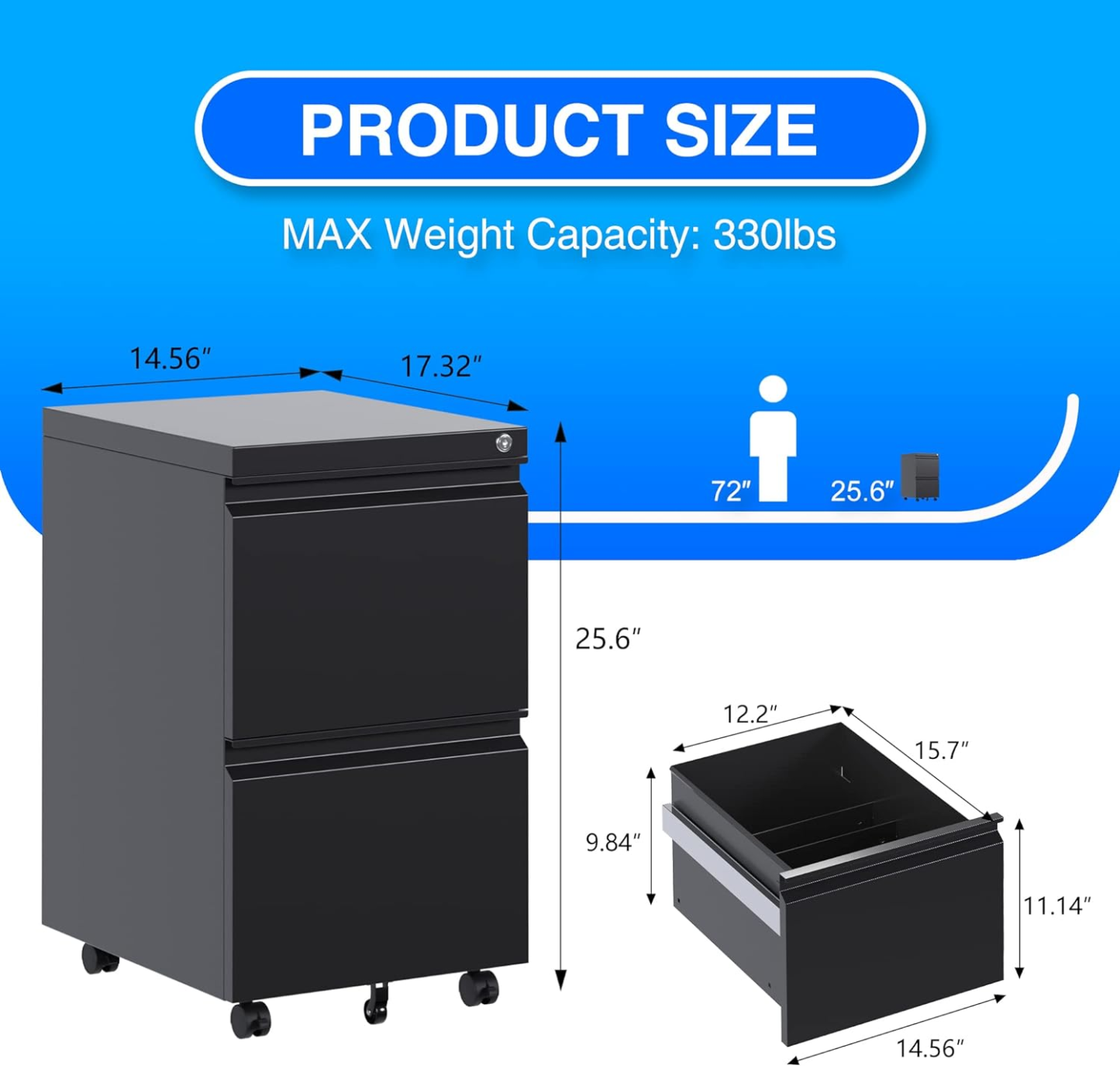 Mobile File Cabinet, 14.96 Inches Wide 2 Drawer Black 