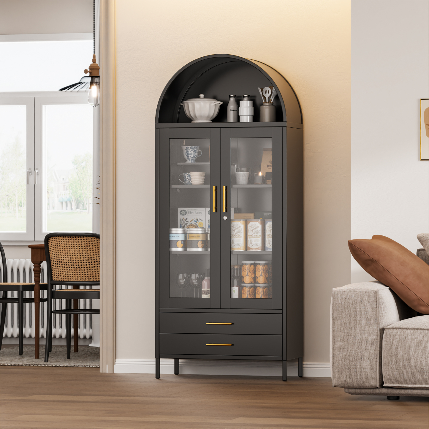 Black Metal Arched Cabinet with Glass Doors and 2 Drawers