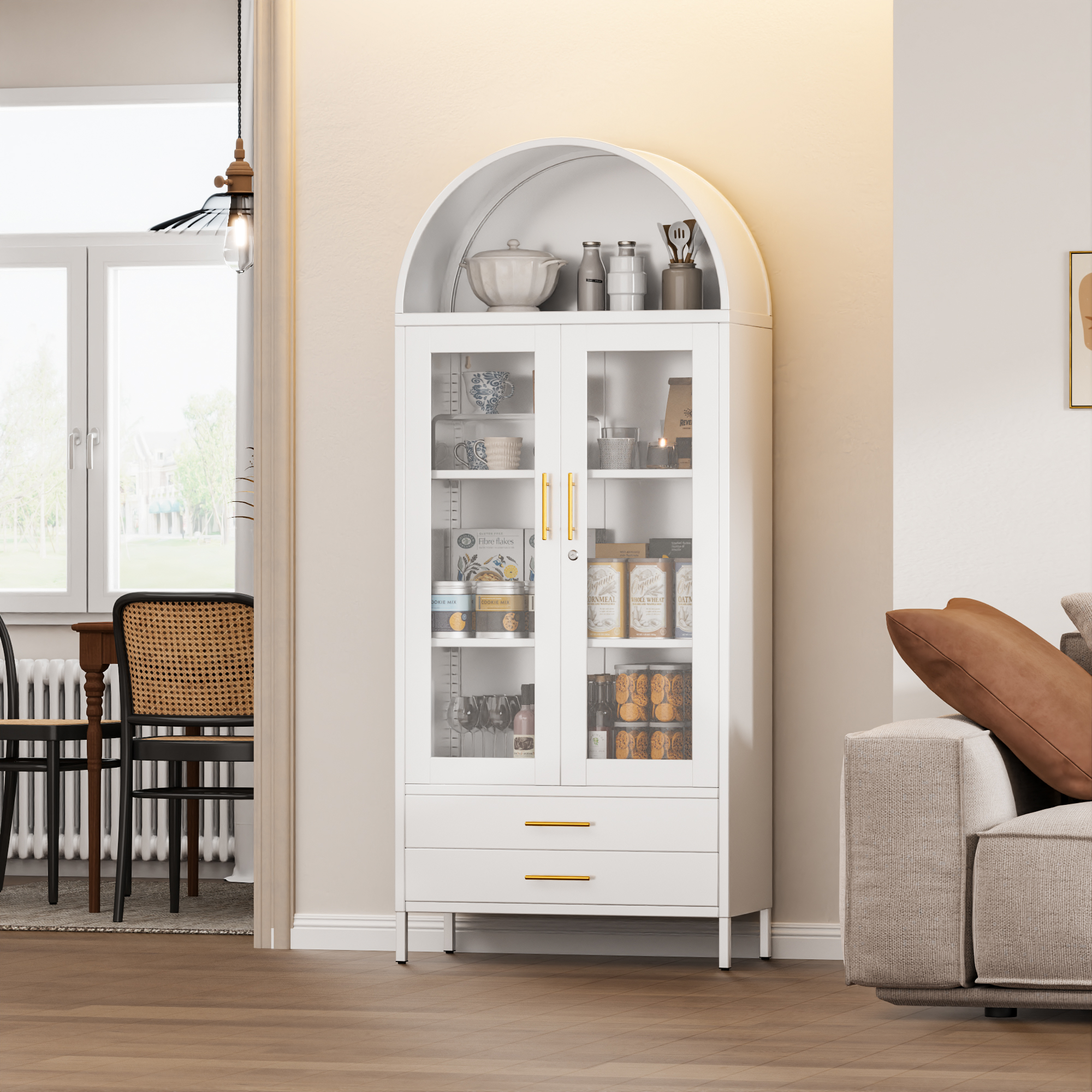 White Metal Arched Cabinet with Glass Doors and 2 Drawers