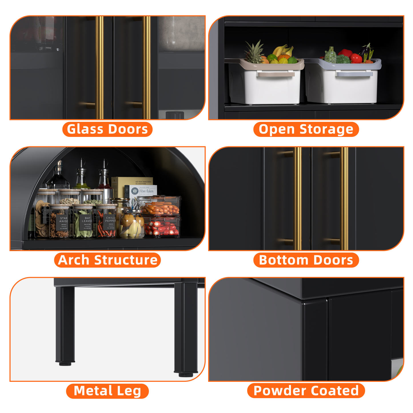 Metal Arched Cabinet with 2 Glass Doors and 2 Metal Doors,Assembly Required,Black