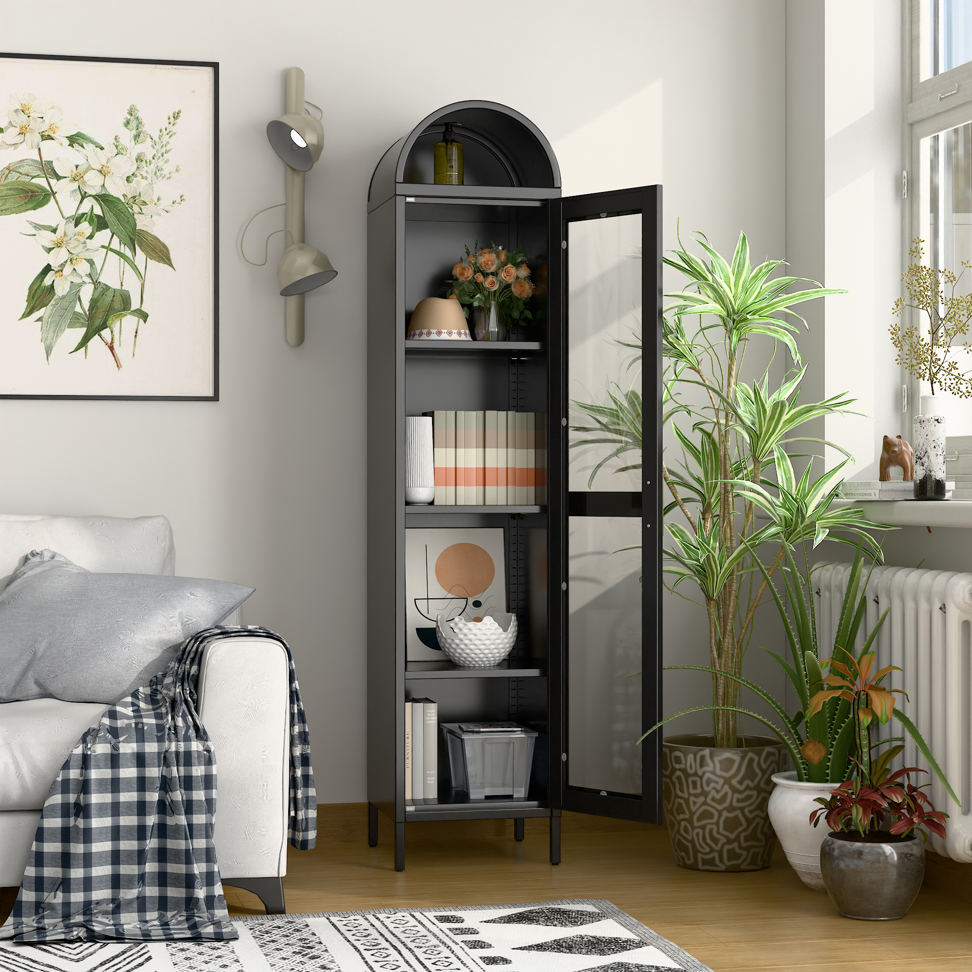 Arch Bookcase with 1 Glass Door/Shelves,Assembly Required (Black)