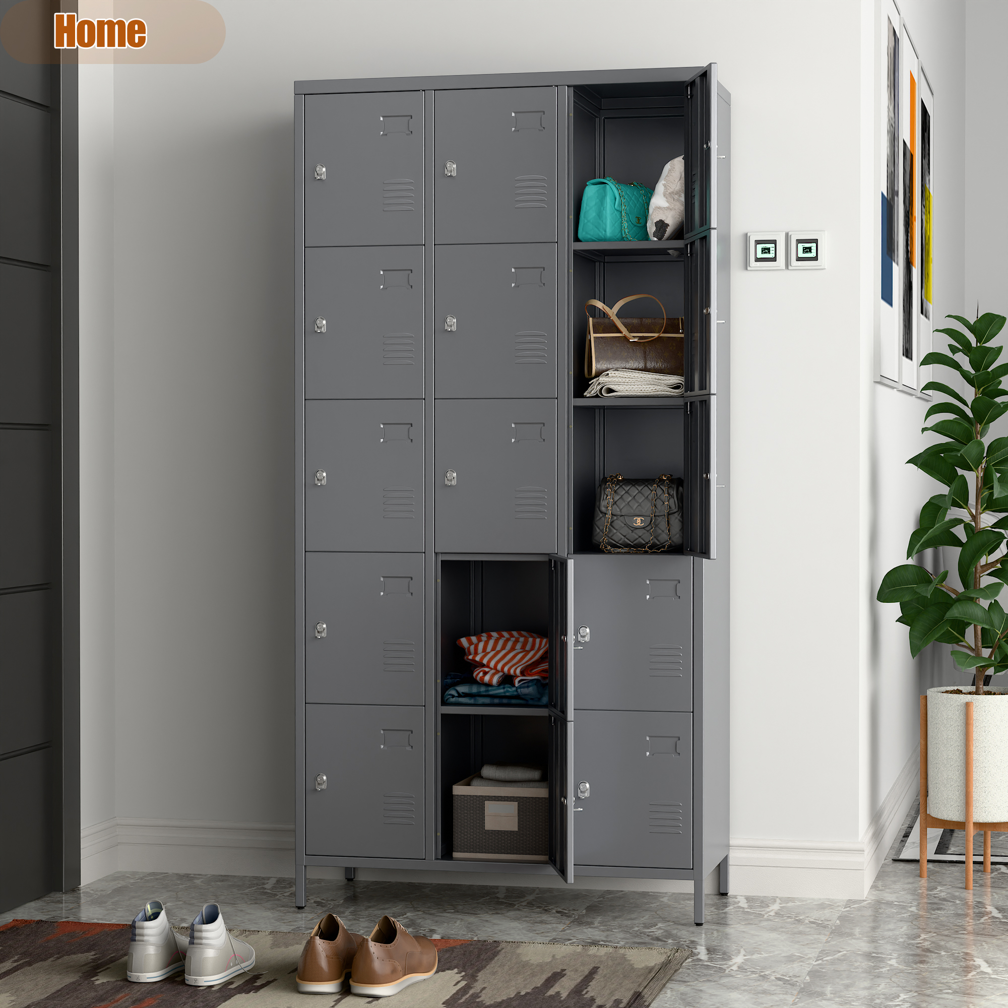 Aobabo 15 Doors Metal Storage Locker for Employees,Dark Grey