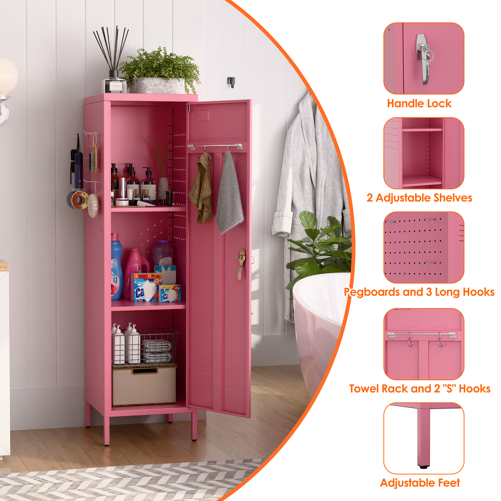 Metal Storage Locker with Pegboard,Pink