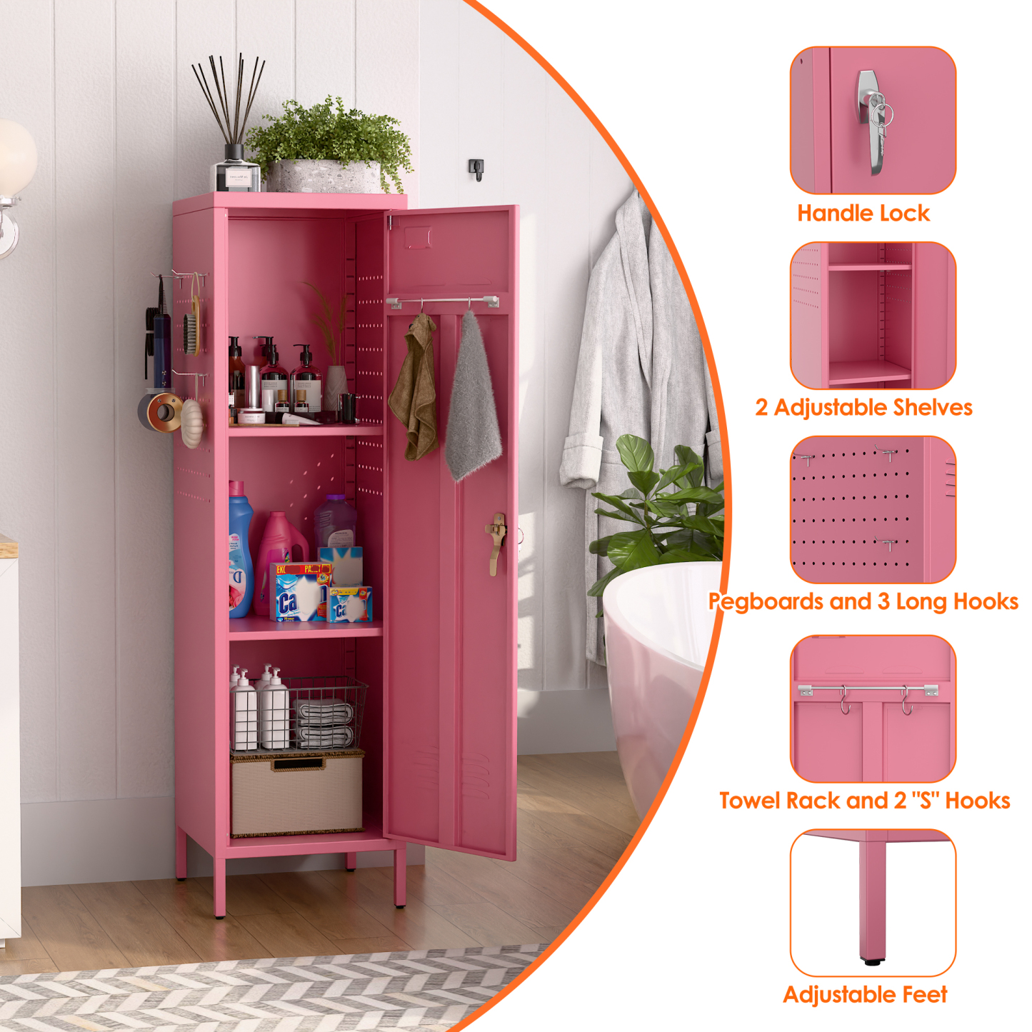 Metal Storage Locker with Pegboard,Pink