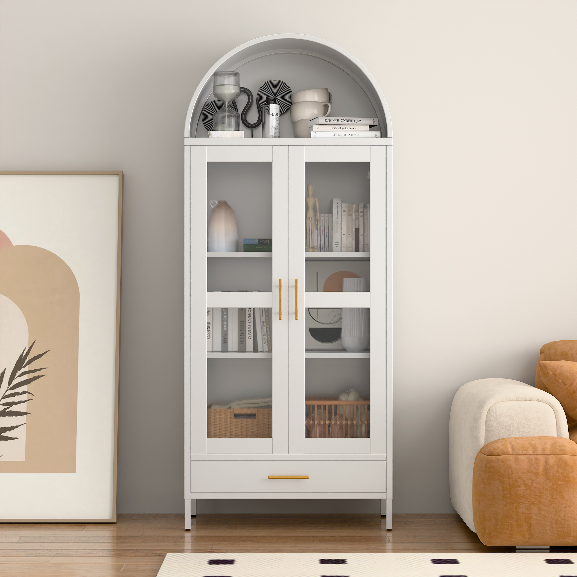 Metal Arched Cabinet with Glass Doors and Drawer,White