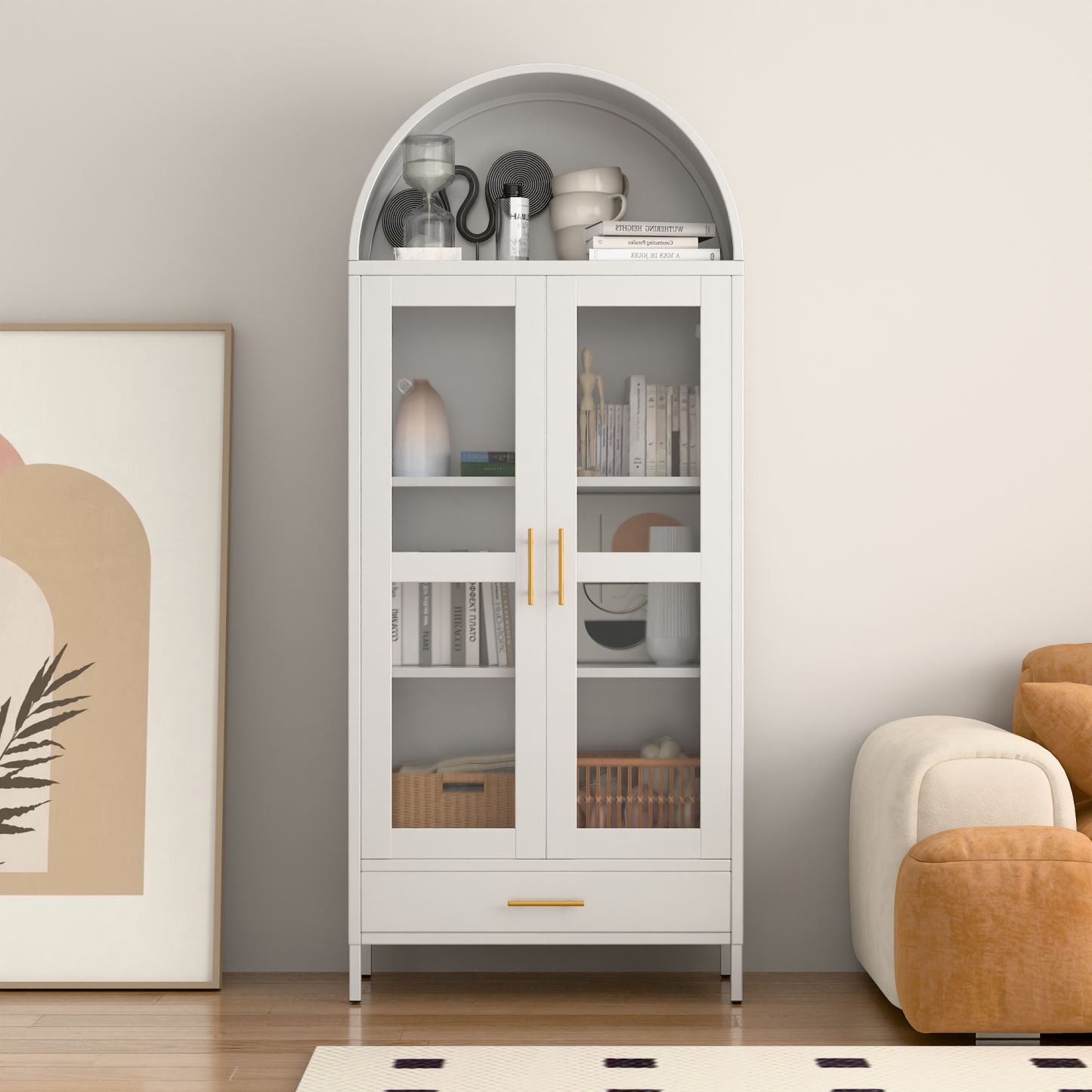 Metal Arched Cabinet with Glass Doors and Drawer,White