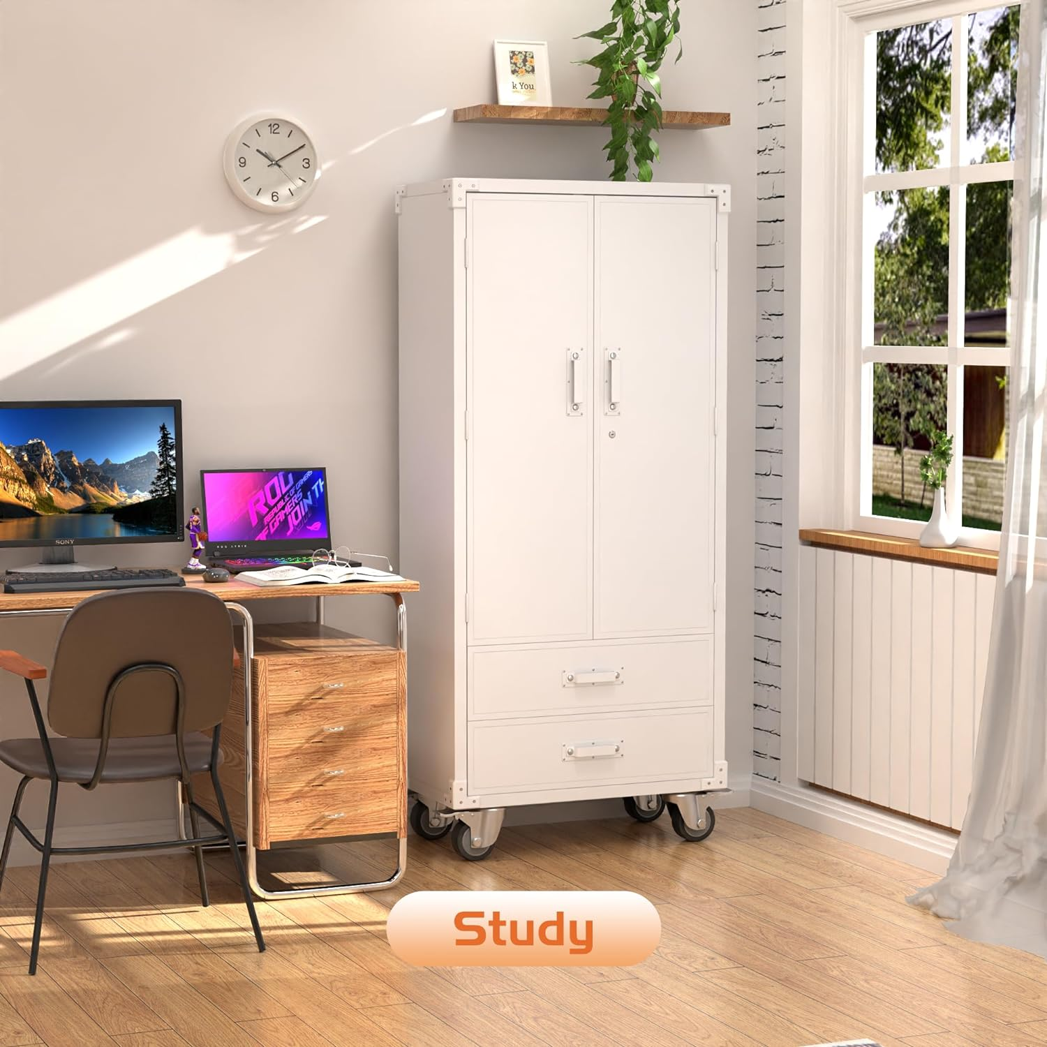 Rolling Storage Cabinet with 2 Doors and 2 Drawers （white）