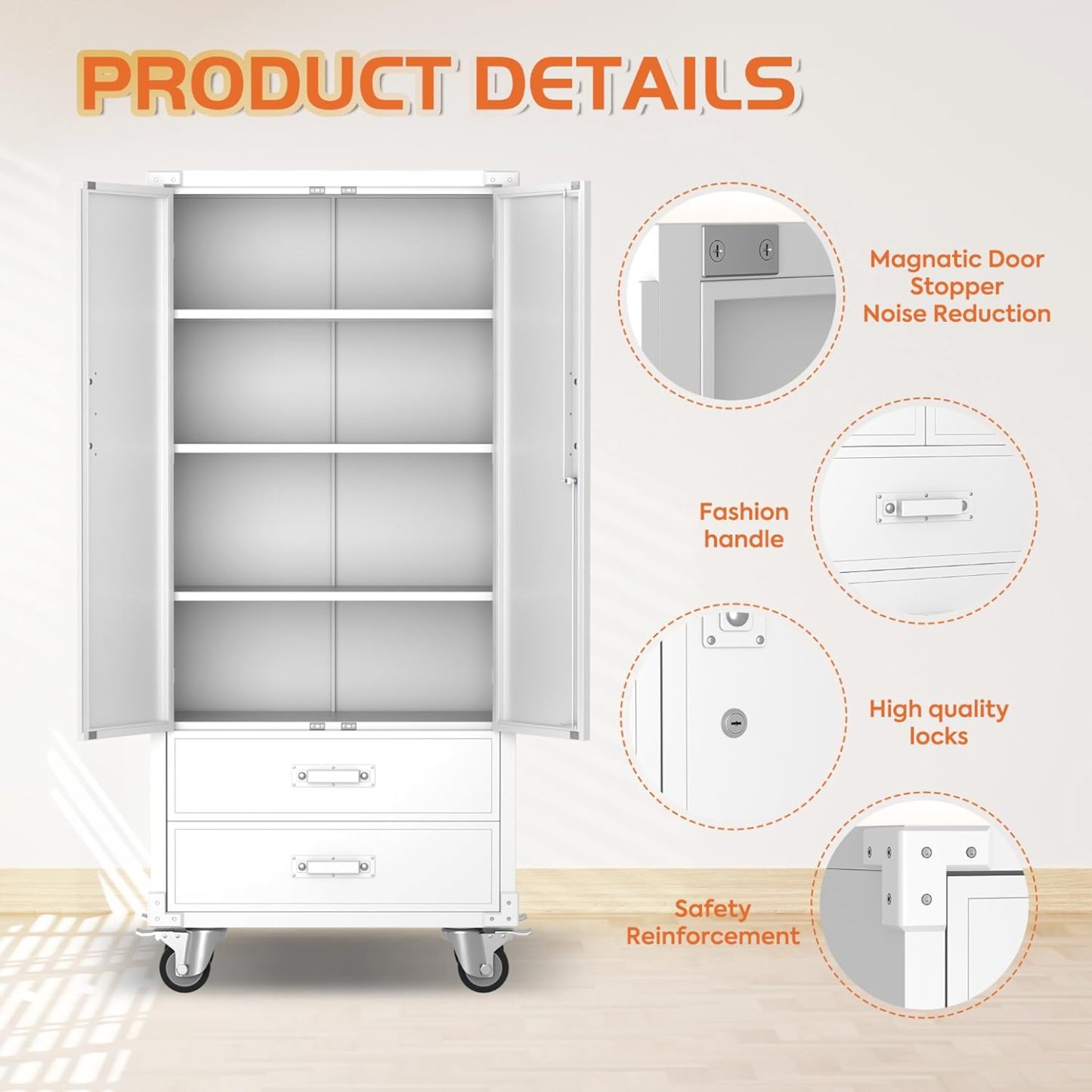 Rolling Storage Cabinet with 2 Doors and 2 Drawers （white）