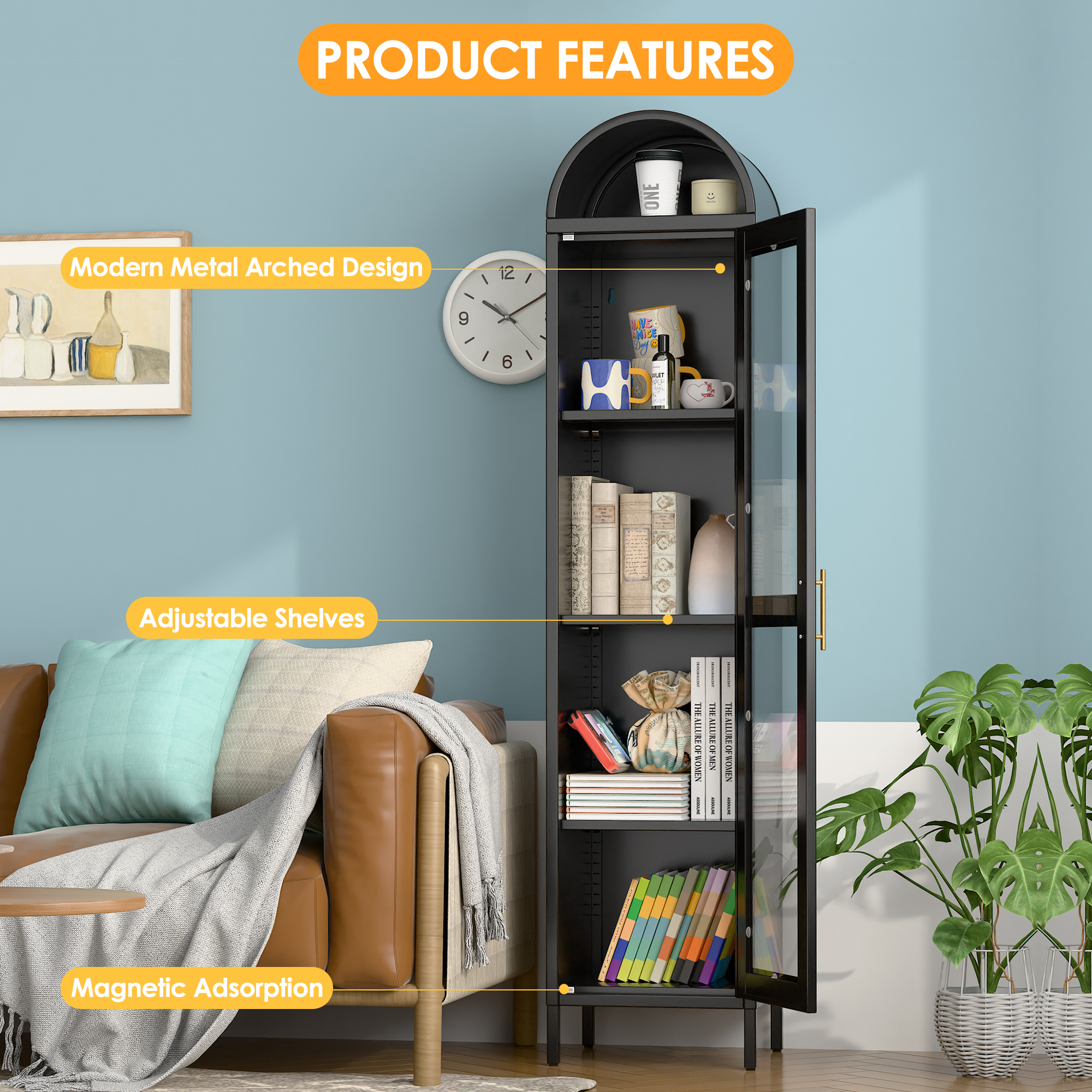 Arch Bookcase with 1 Glass Door/Shelves,Assembly Required (Black)