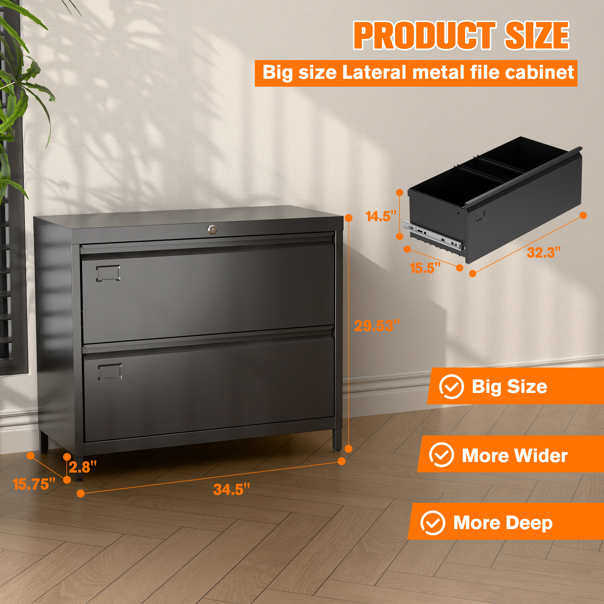 Lateral File Cabinet with 2 Drawer,Required Assembly,Black