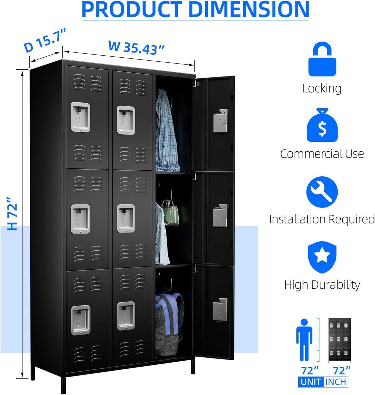 Aobabo Metal Lockers for Employees with Lock (9 Door-Black)