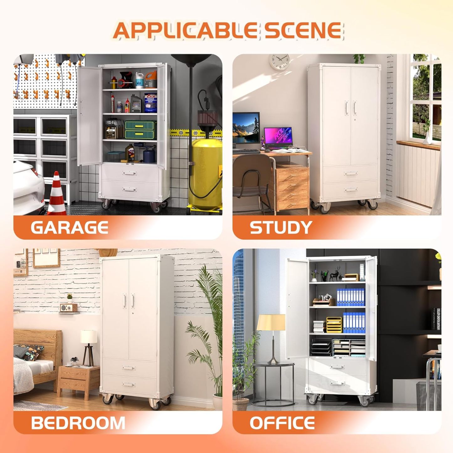 Rolling Storage Cabinet with 2 Doors and 2 Drawers （white）