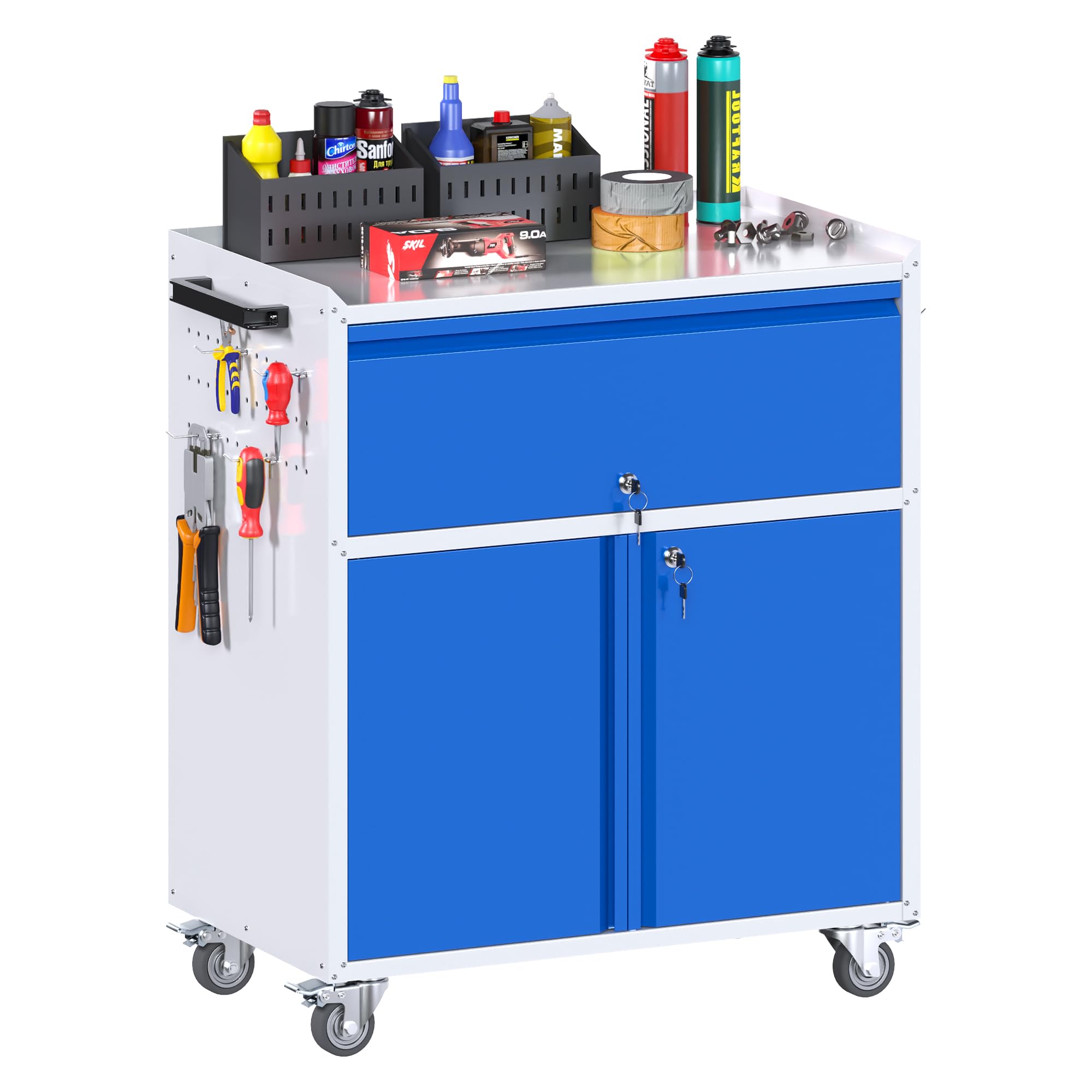 Aobabo 35''H Garage Storage Cabinet with Wheels and Drawer-Grey&Blue