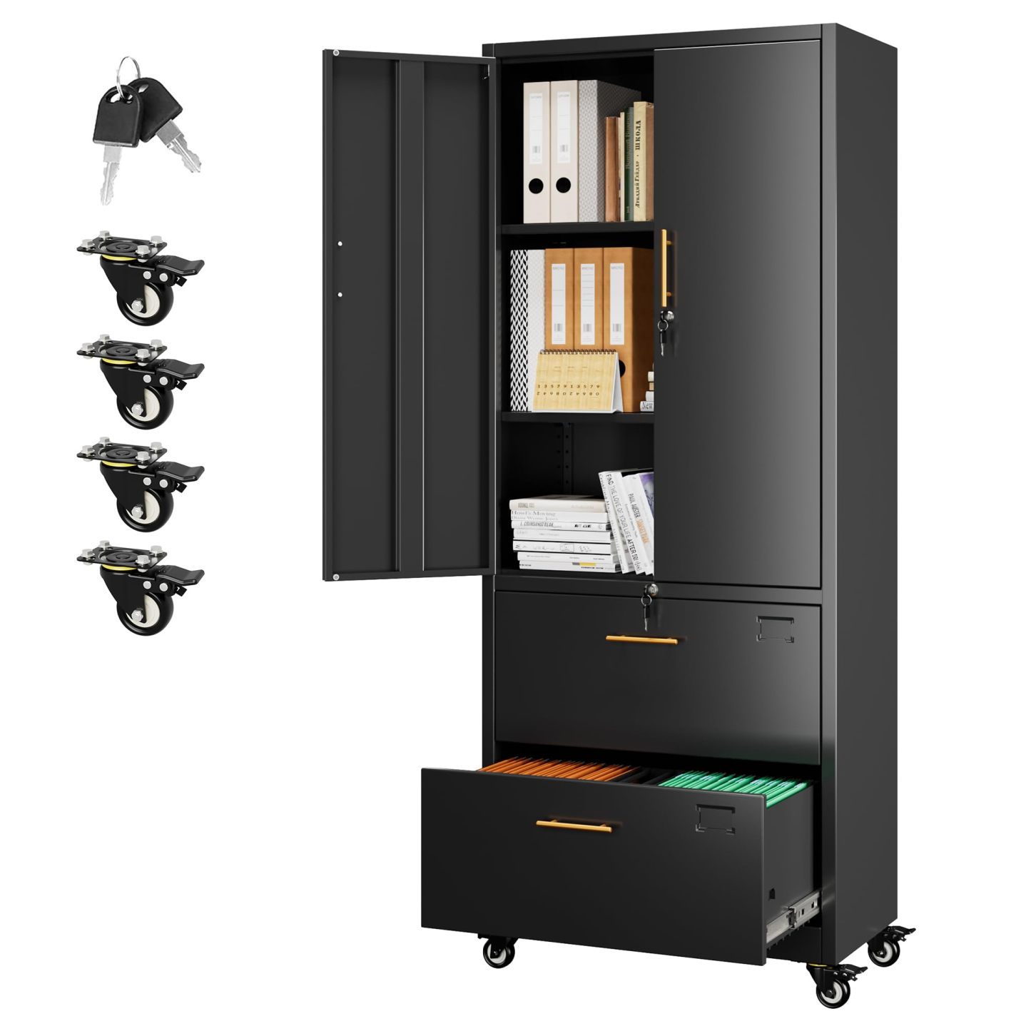 Metal 2 Drawers Lateral File Storage Cabinet and Unit Adjustable Shelf Organizer with Wheels,Black