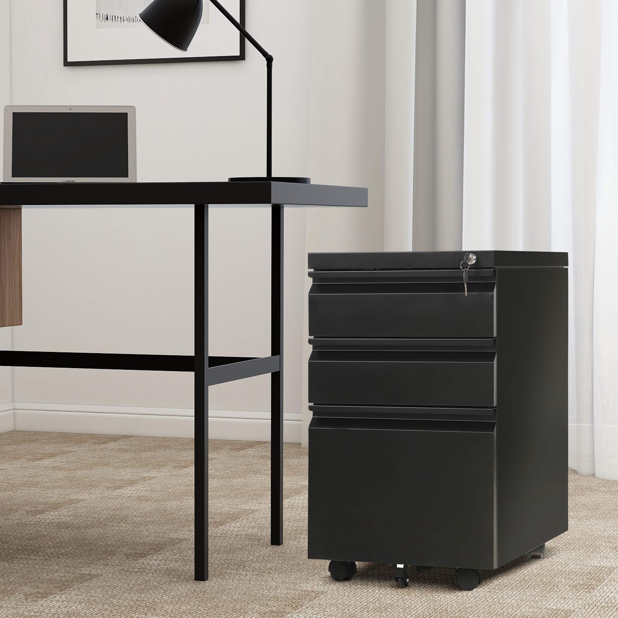 Mobile File Cabinet, 14.96 Inches Wide 3 Drawer Black 