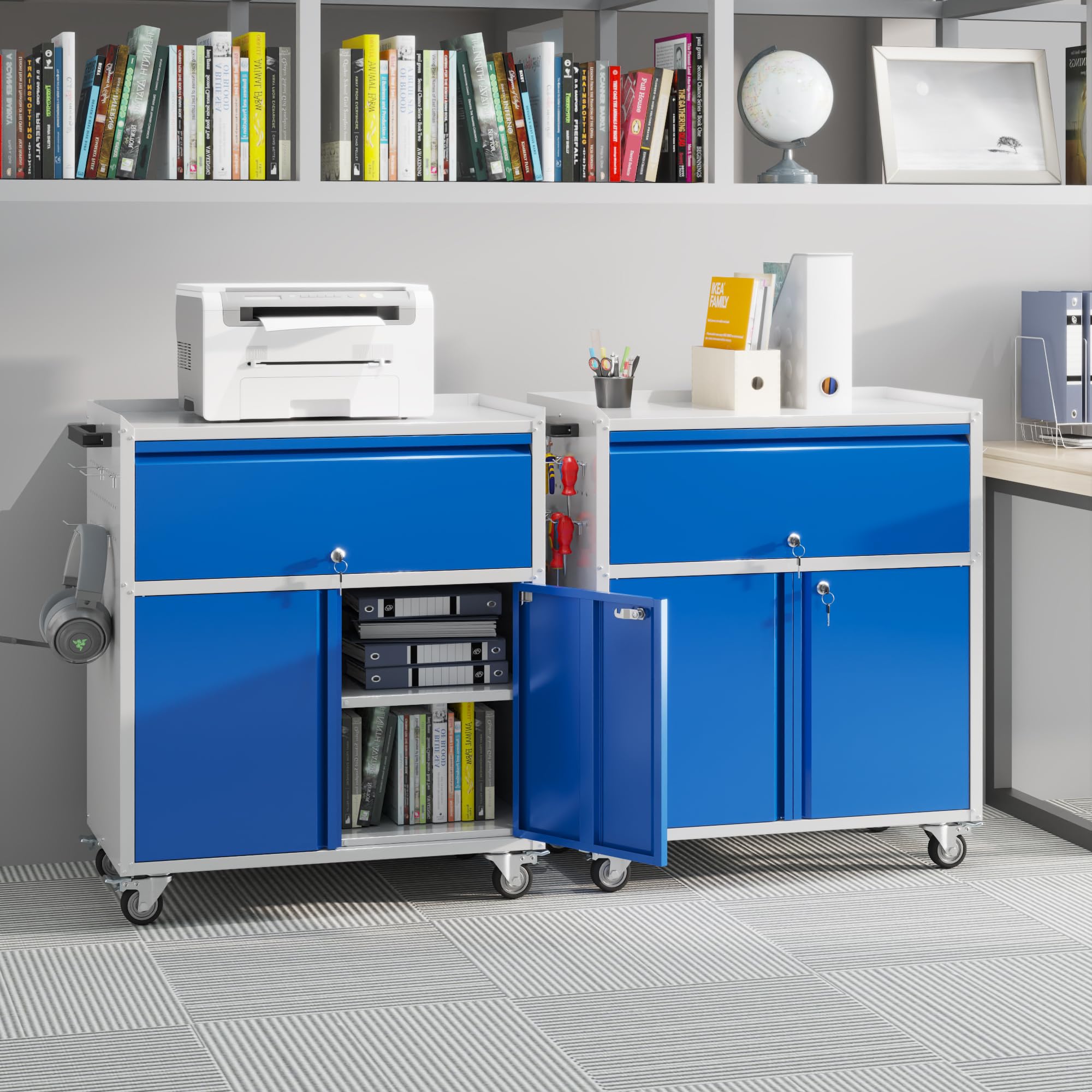 Aobabo 35''H Garage Storage Cabinet with Wheels and Drawer-Grey&Blue