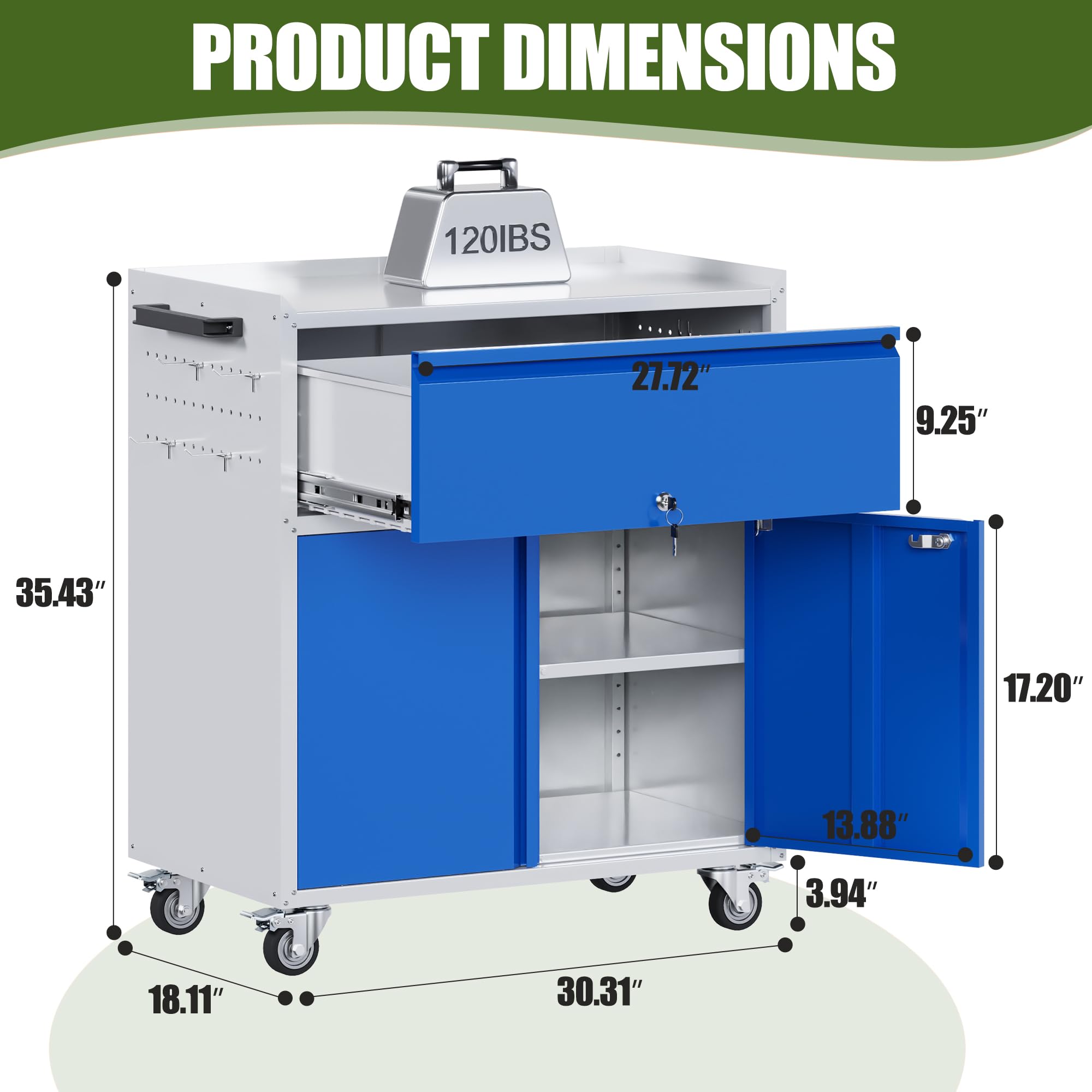 Aobabo 35''H Garage Storage Cabinet with Wheels and Drawer-Grey&Blue