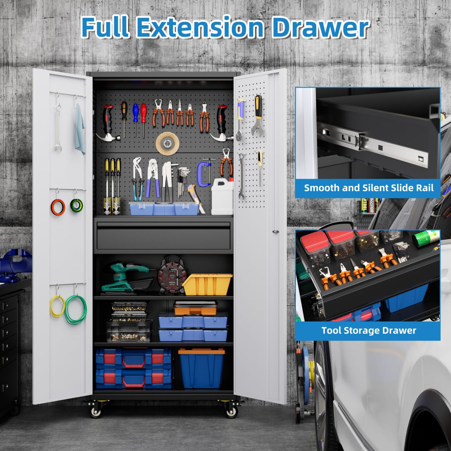 Aobabo 71"H Metal Storage Cabinet with Wheels with 5 Pegboards and 1 Drawer,Assembly Required,Black and Gray