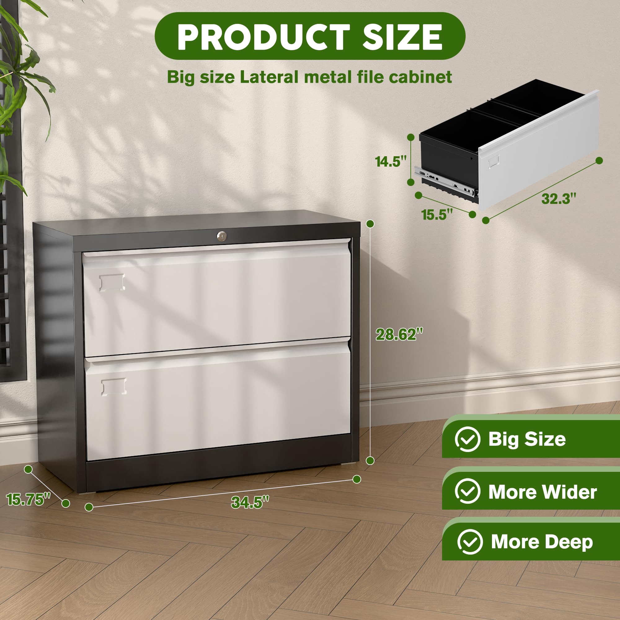 Aobabo Metal 2 Drawer Lateral File Cabinet with Lock,Black, Assembly Required