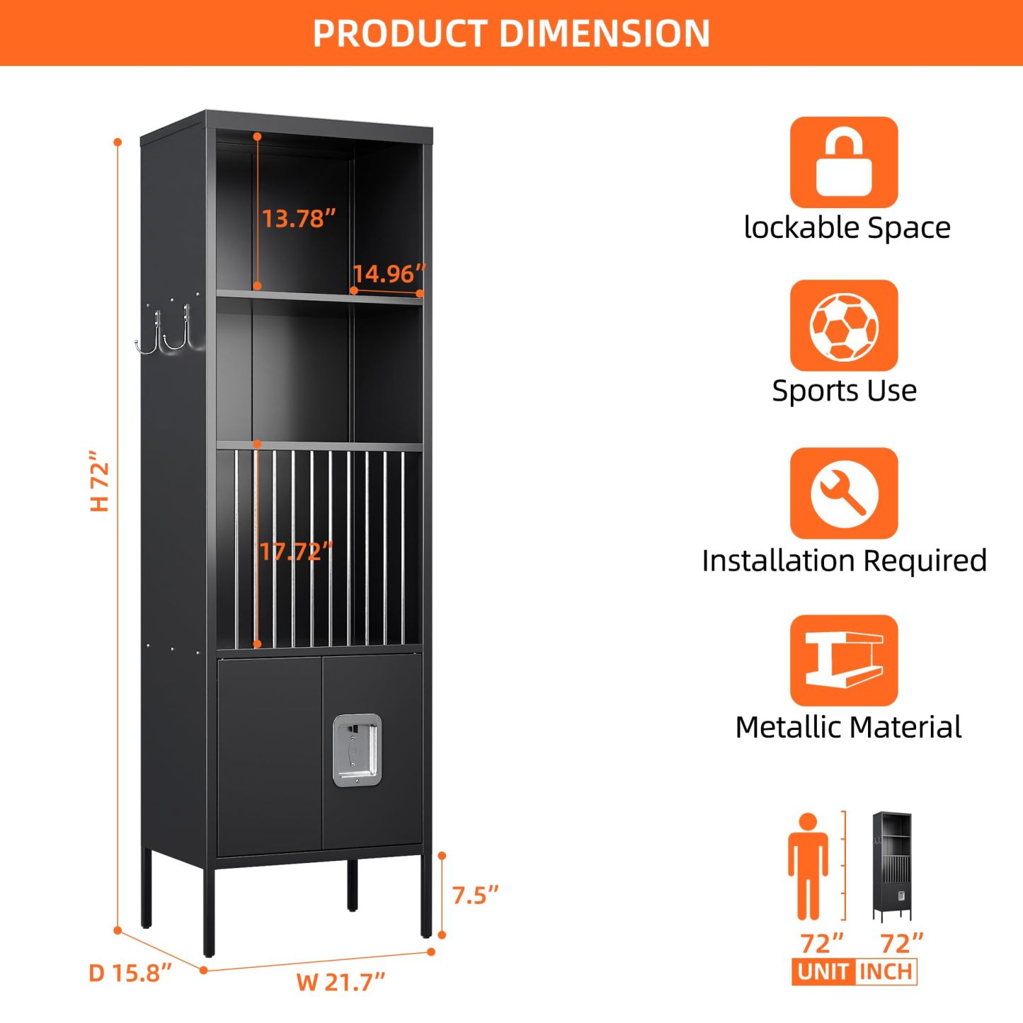 Sports Equipment Storage Lockerwith Lock Door and Hooks