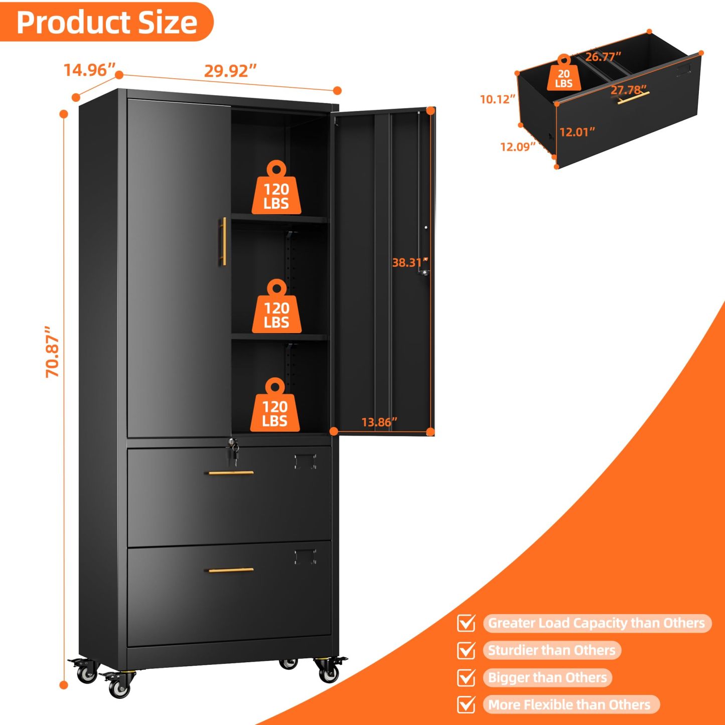 Metal 2 Drawers Lateral File Storage Cabinet and Unit Adjustable Shelf Organizer with Wheels,Black