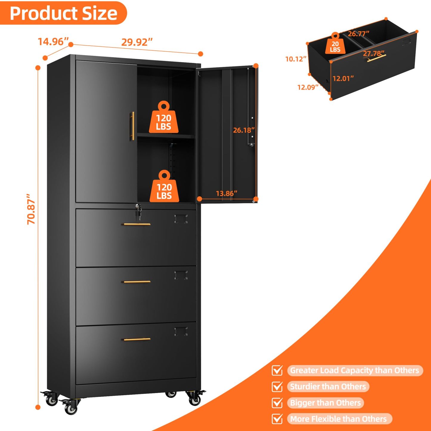 Metal 3 Drawers Lateral File Storage Cabinet and Unit Adjustable Shelf Organizer, Steel Files Cabinet with Wheels, 2 Door ,Black