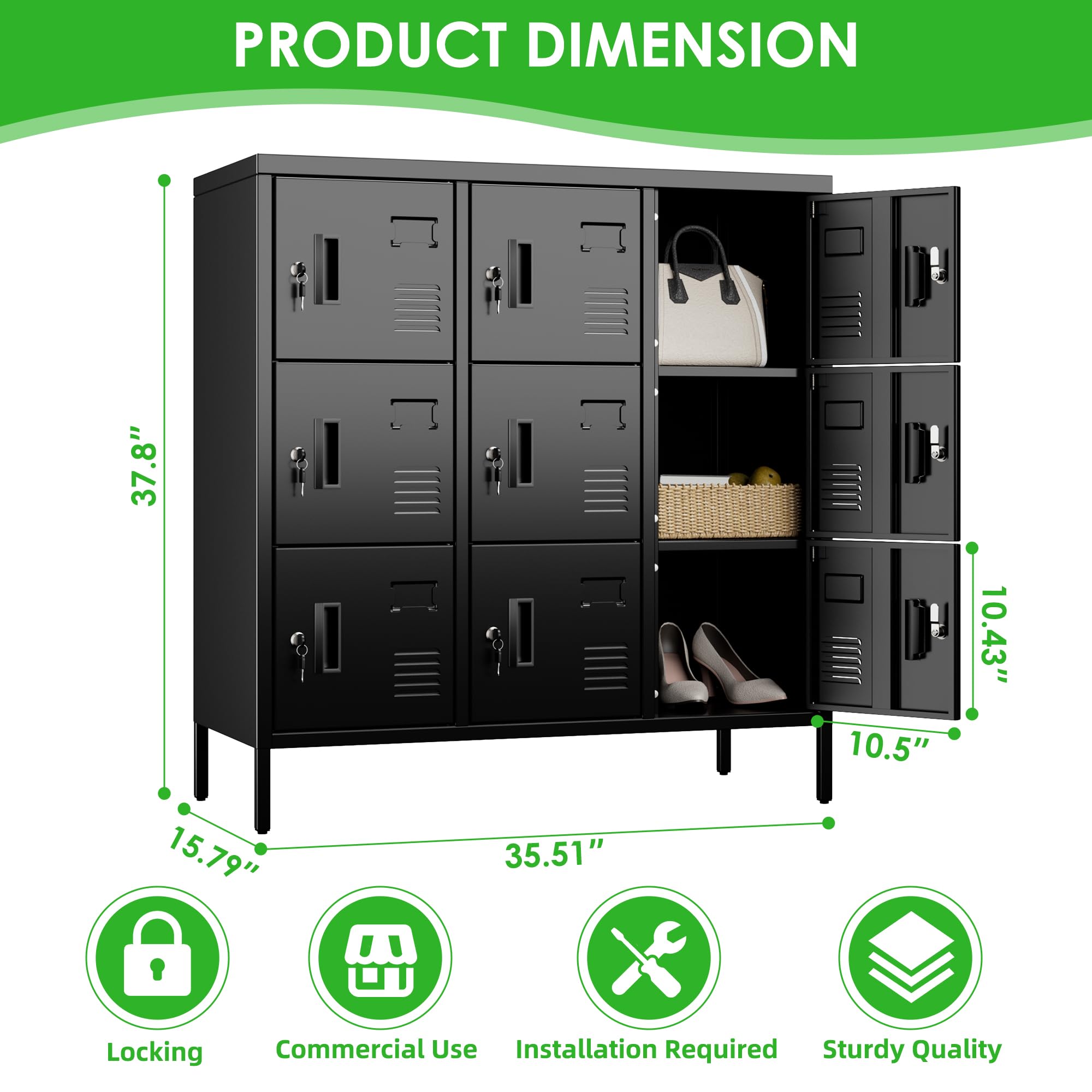 9 Doors Steel Storage Locker Cabinet , Black, Assembly Required