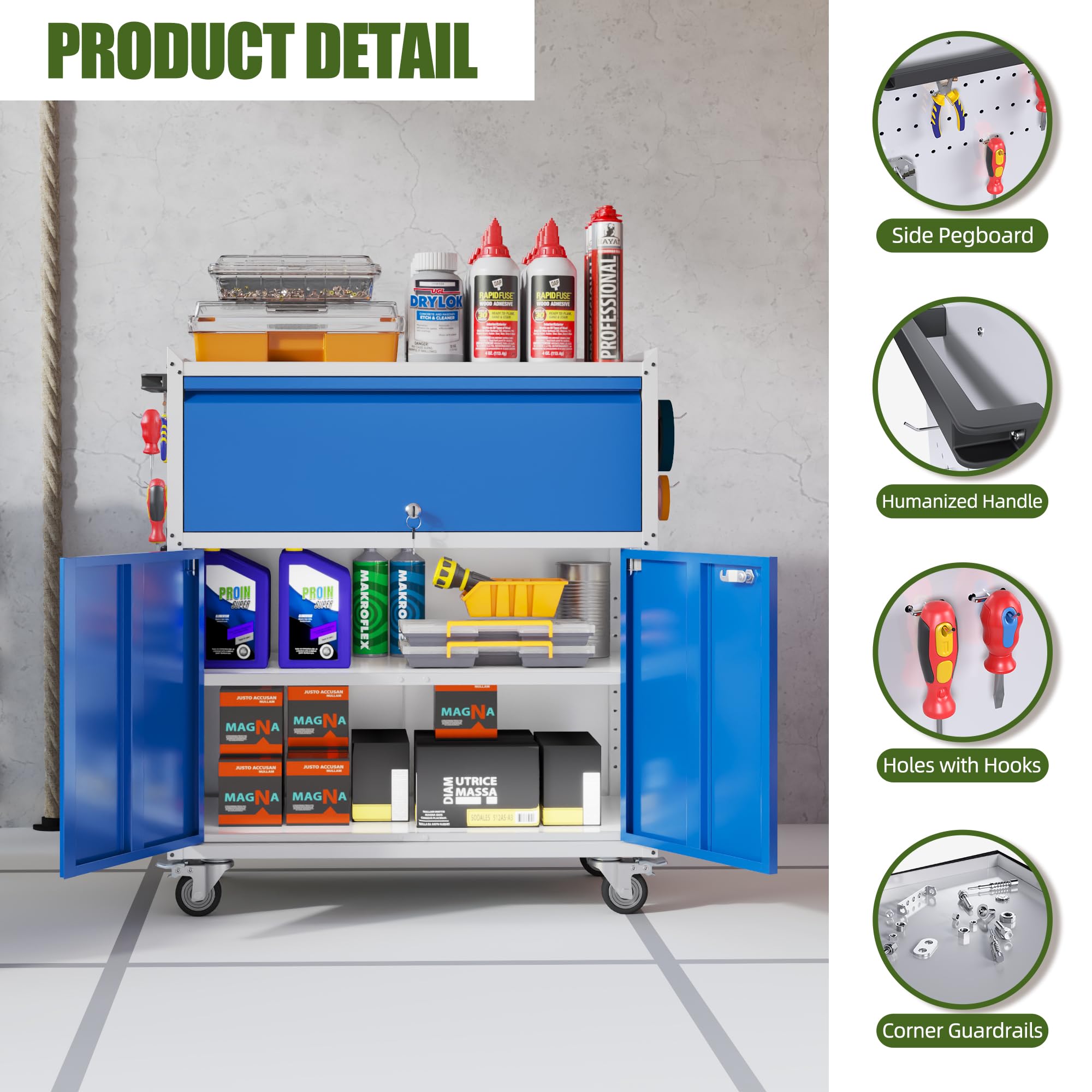 Aobabo 35''H Garage Storage Cabinet with Wheels and Drawer-Grey&Blue