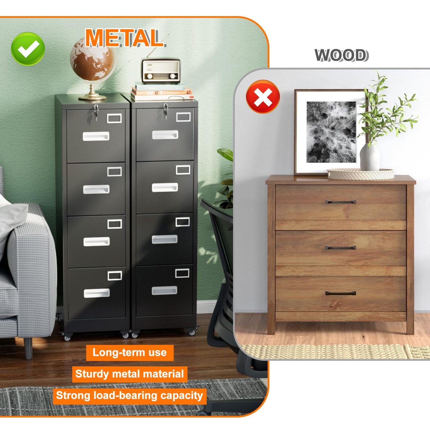 Aobabo 4 Drawer File Cabinet with Wheels，Required Assembly,Black