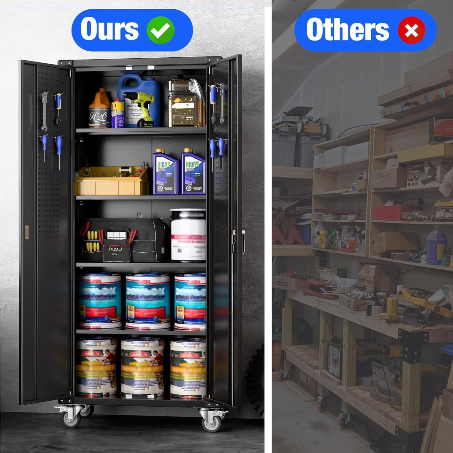 Metal Storage Cabinet with Wheels and Pegboard,Required Assembly,Black