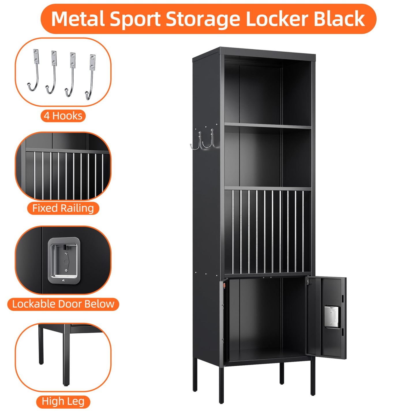 Sports Equipment Storage Lockerwith Lock Door and Hooks