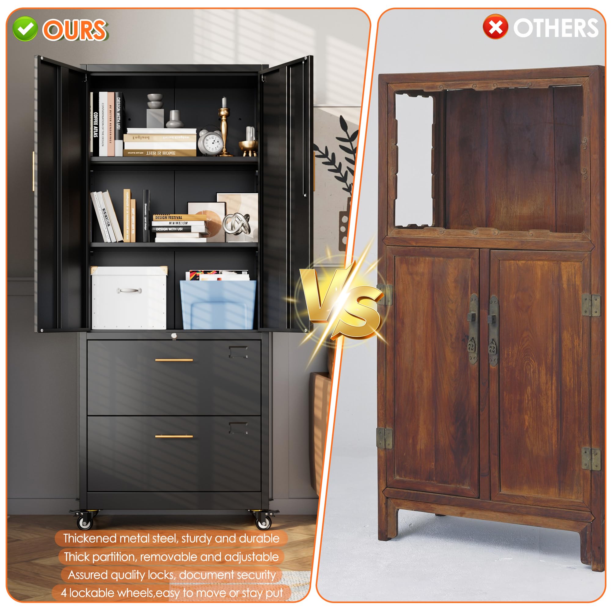 Metal 2 Drawers Lateral File Storage Cabinet and Unit Adjustable Shelf Organizer with Wheels,Black