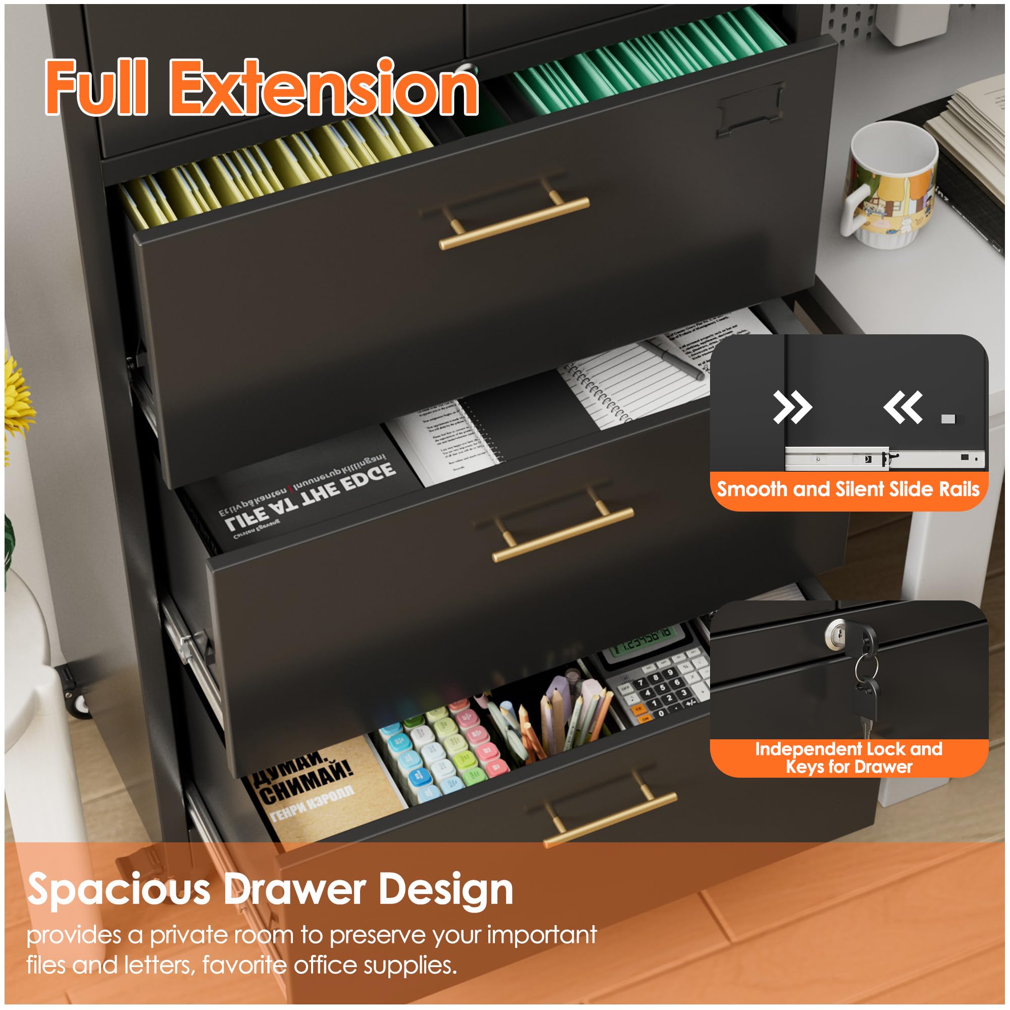 Metal 3 Drawers Lateral File Storage Cabinet and Unit Adjustable Shelf Organizer, Steel Files Cabinet with Wheels, 2 Door ,Black