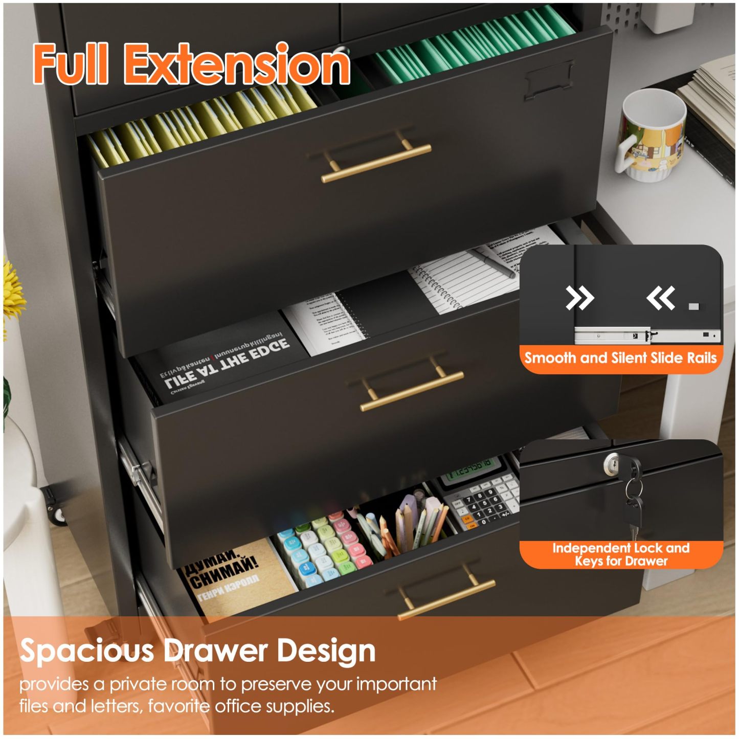 Metal 3 Drawers Lateral File Storage Cabinet and Unit Adjustable Shelf Organizer, Steel Files Cabinet with Wheels, 2 Door ,Black