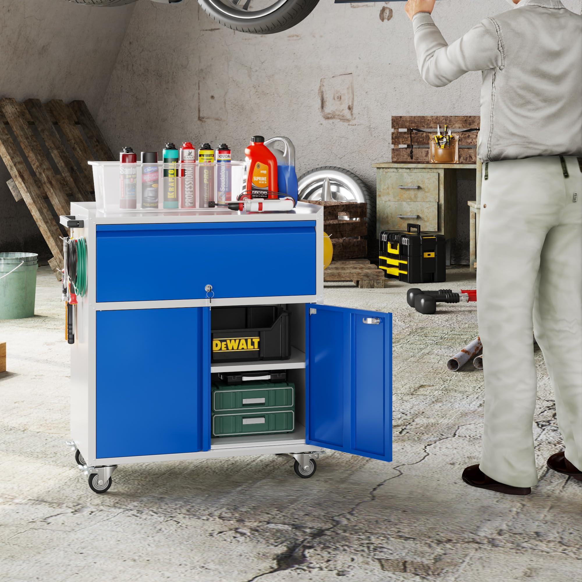 Aobabo 35''H Garage Storage Cabinet with Wheels and Drawer-Grey&Blue