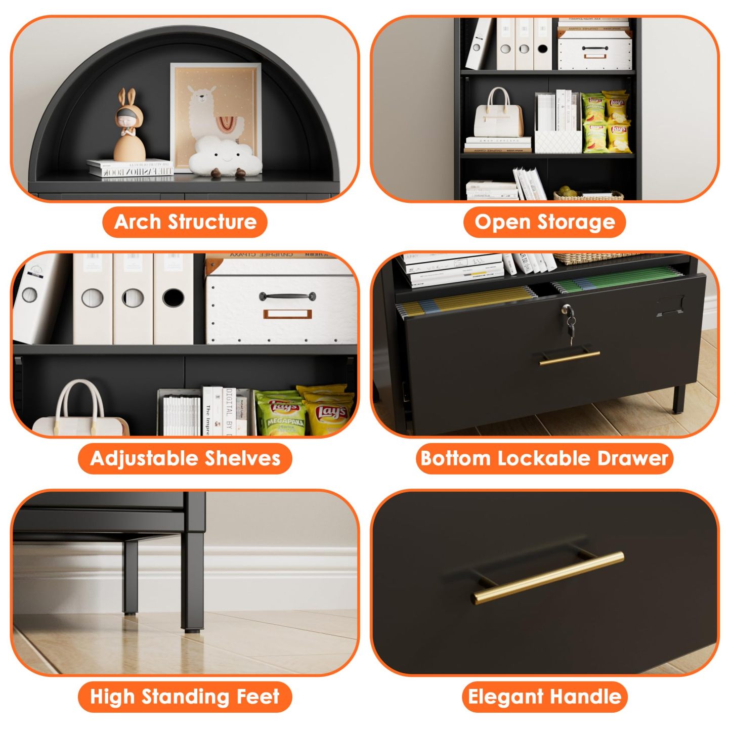 Metal Arched Storage Display Bookcase Cabinet