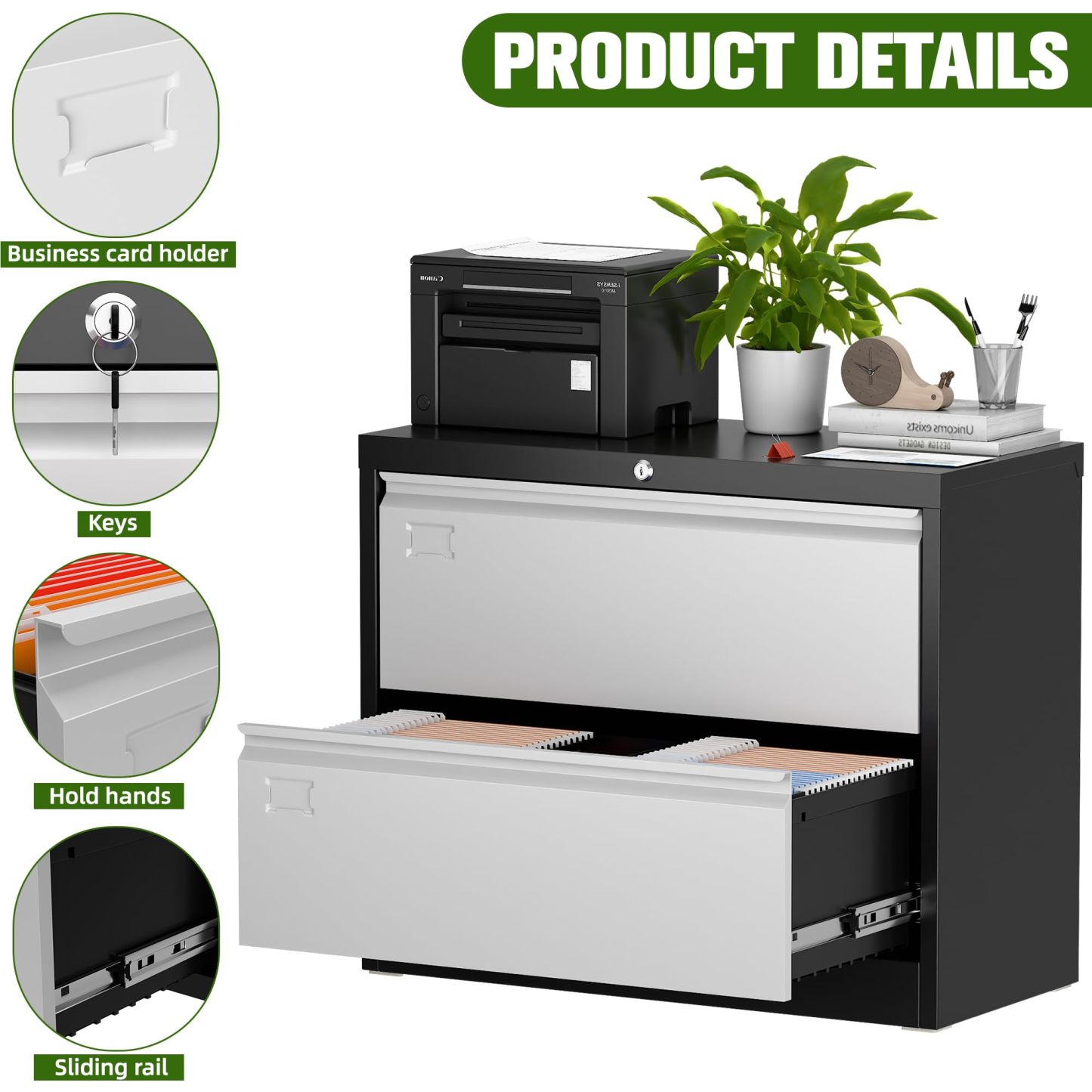 Aobabo Metal 2 Drawer Lateral File Cabinet with Lock,Black, Assembly Required