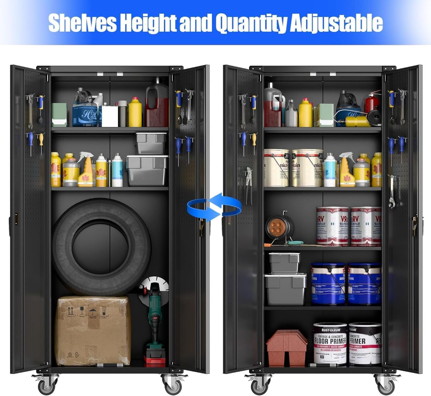 Metal Storage Cabinet with Wheels and Pegboard,Required Assembly,Black