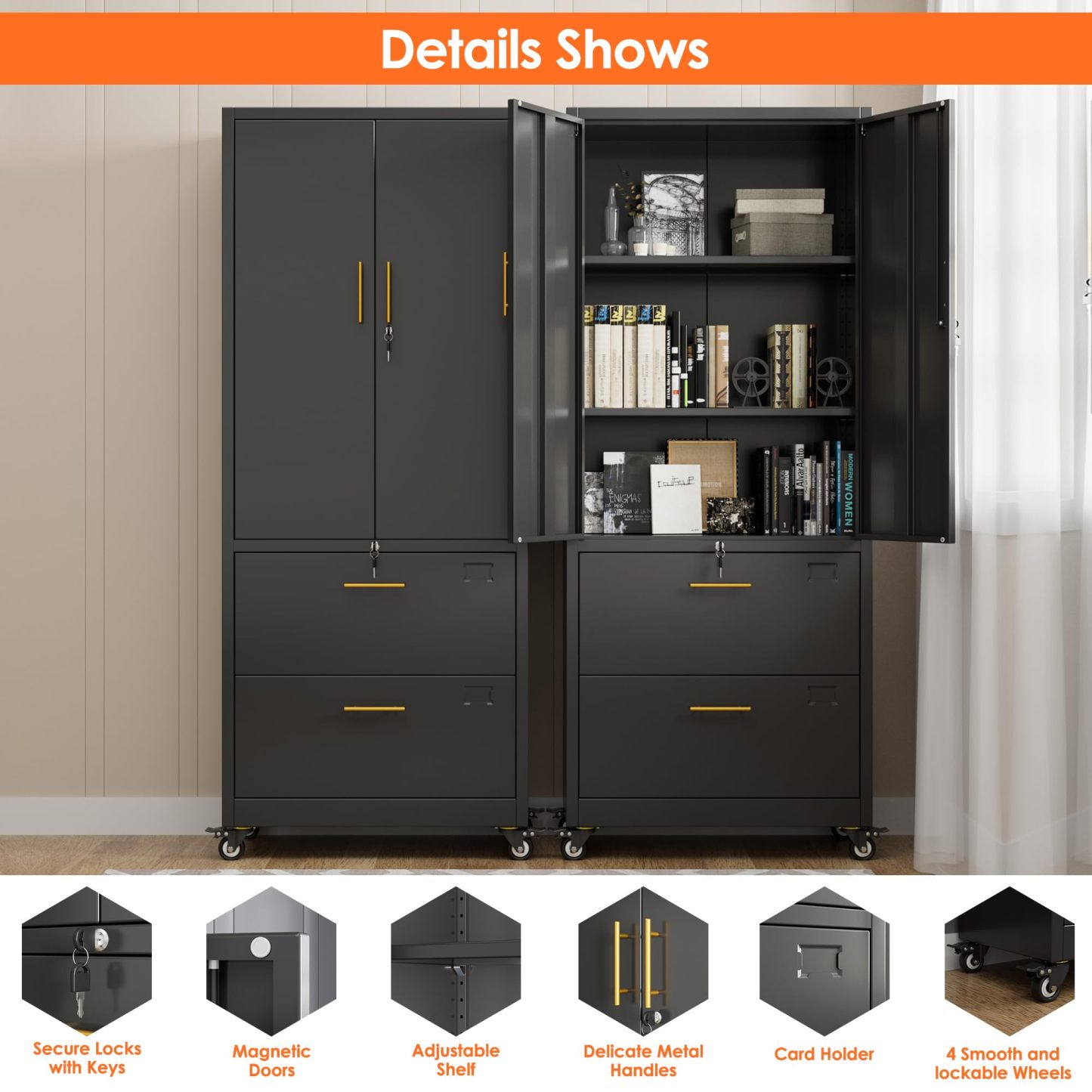 Metal 2 Drawers Lateral File Storage Cabinet and Unit Adjustable Shelf Organizer with Wheels,Black