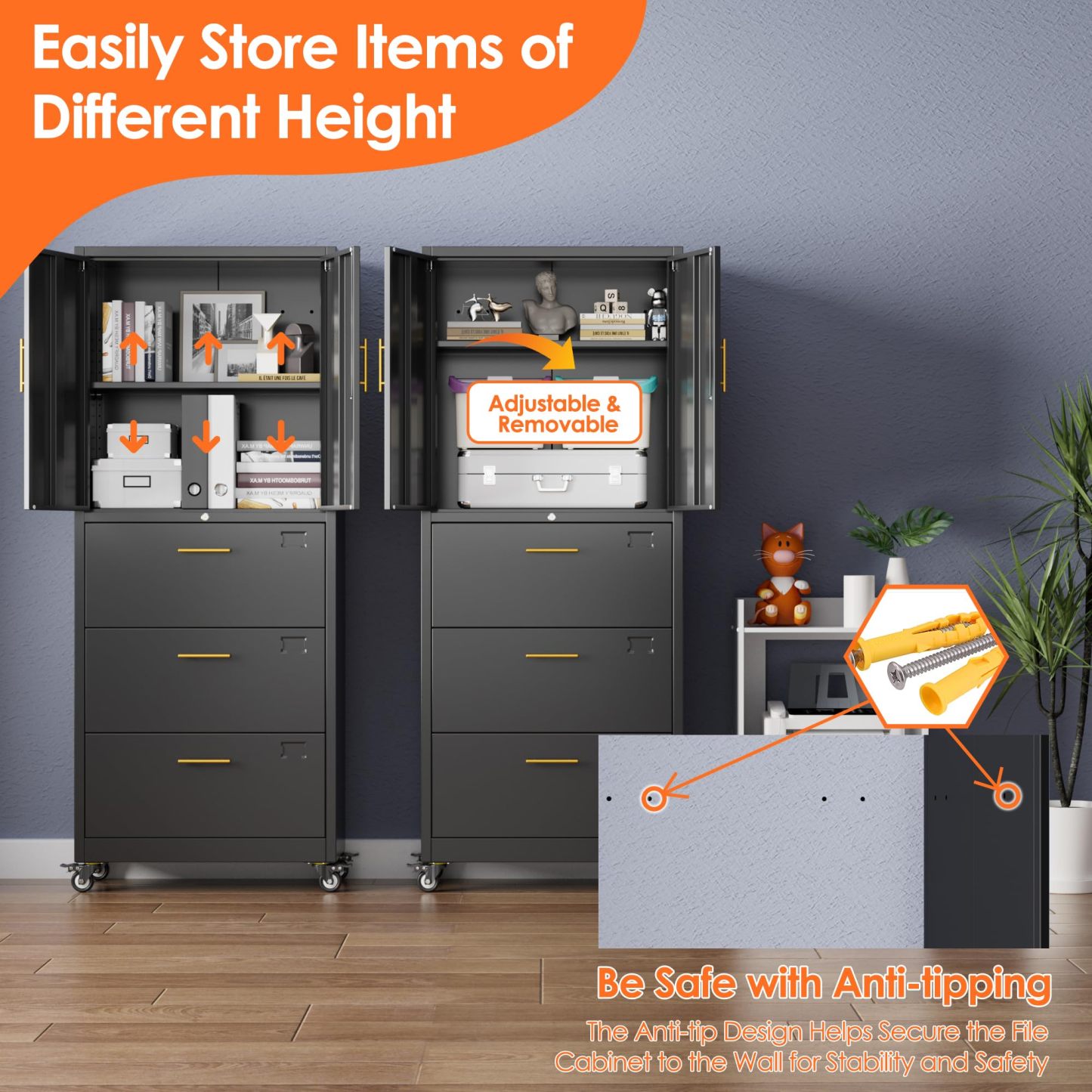 Metal 3 Drawers Lateral File Storage Cabinet and Unit Adjustable Shelf Organizer, Steel Files Cabinet with Wheels, 2 Door ,Black