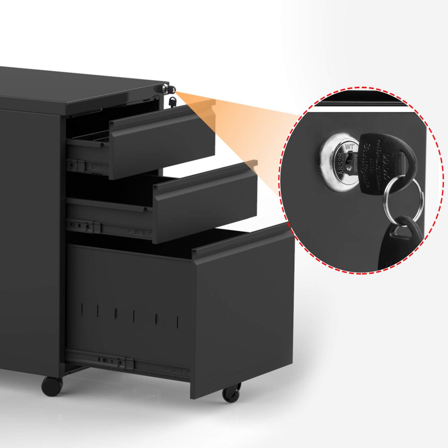 Mobile File Cabinet, 14.96 Inches Wide 3 Drawer Black 