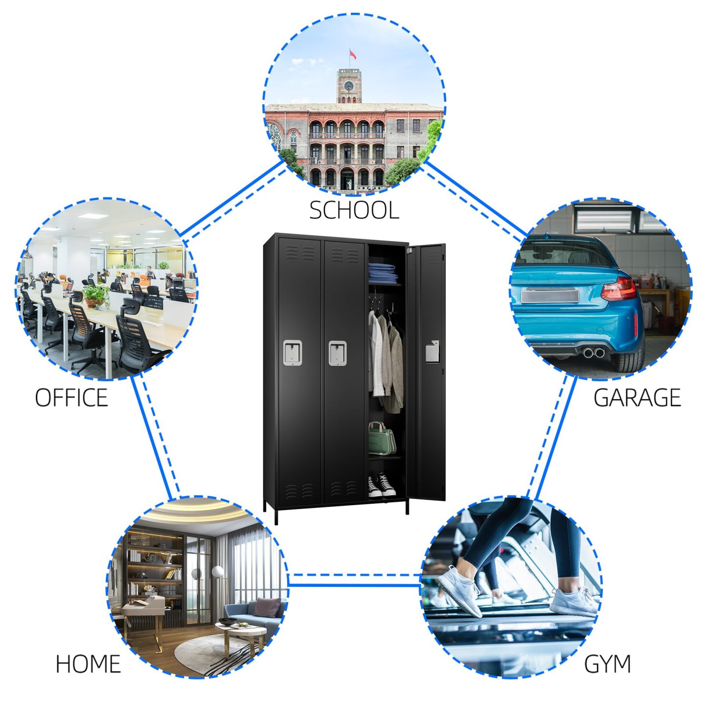 AOBABO metal storage locker (3 Door-Black)