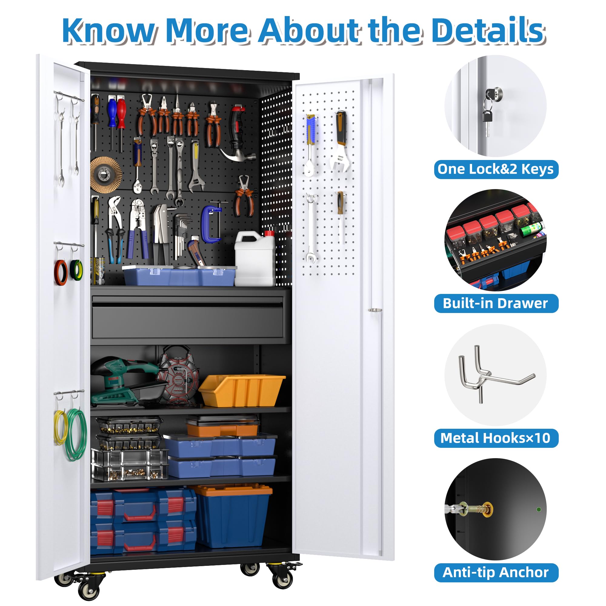 Aobabo 71"H Metal Storage Cabinet with Wheels with 5 Pegboards and 1 Drawer,Assembly Required,Black and Gray