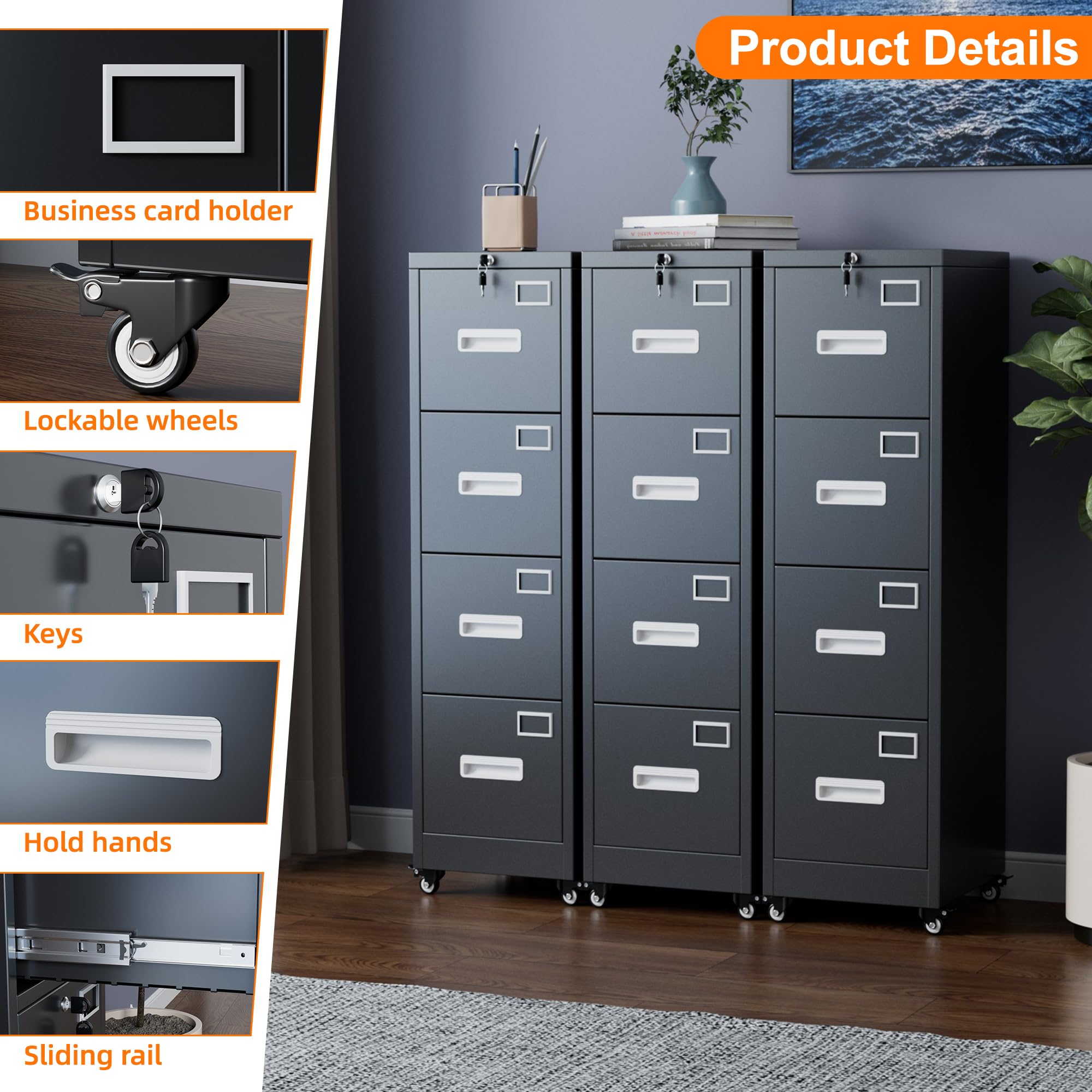 Aobabo 4 Drawer File Cabinet with Wheels，Required Assembly,Black