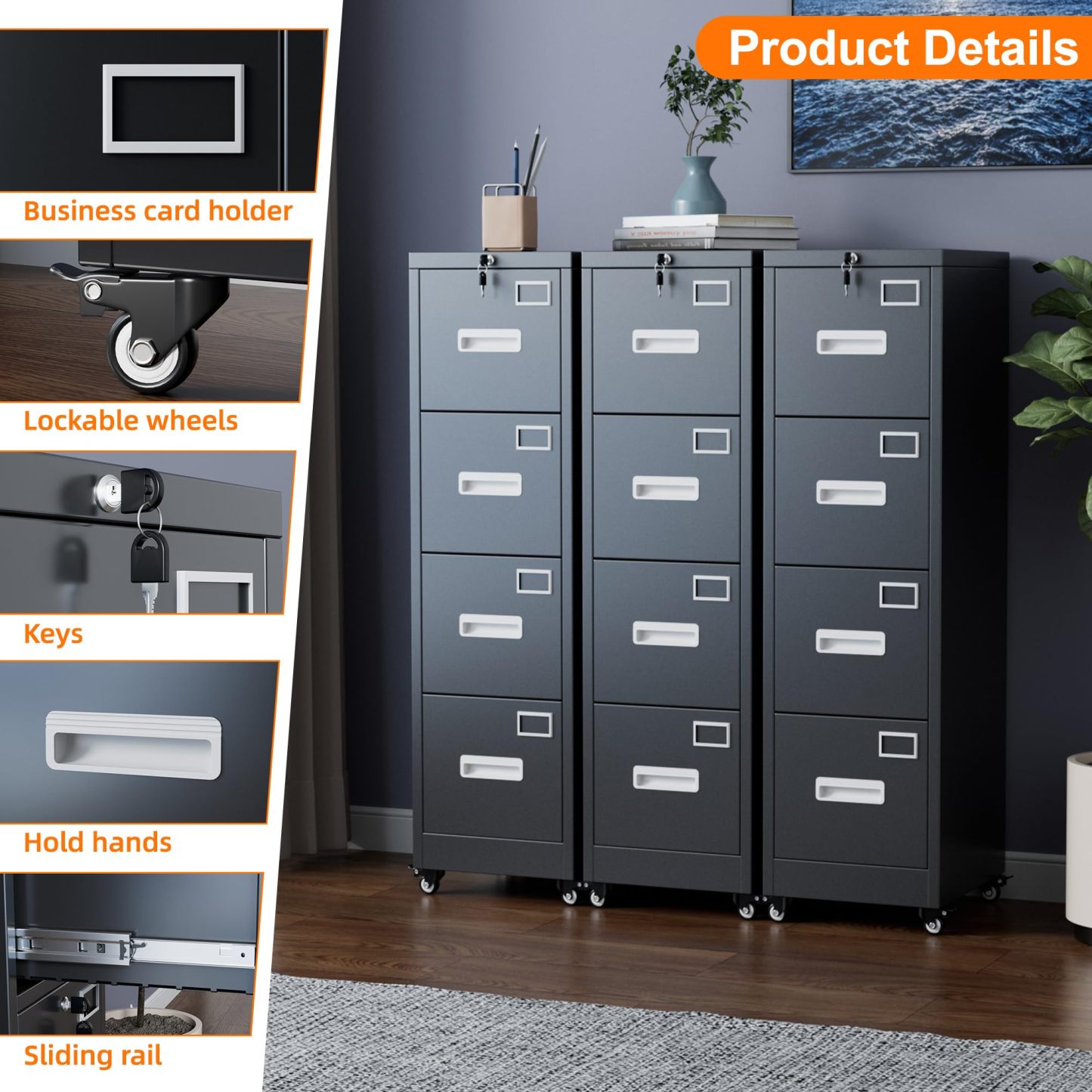 Aobabo 4 Drawer File Cabinet with Wheels，Required Assembly,Black