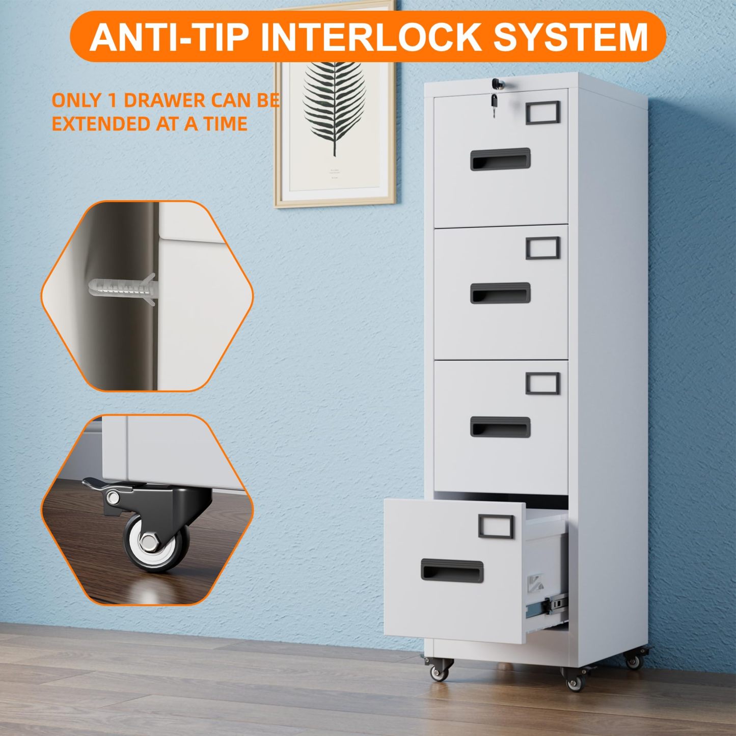 Aobabo 4 Drawer File Cabinet with Wheels,Required Assembly,White