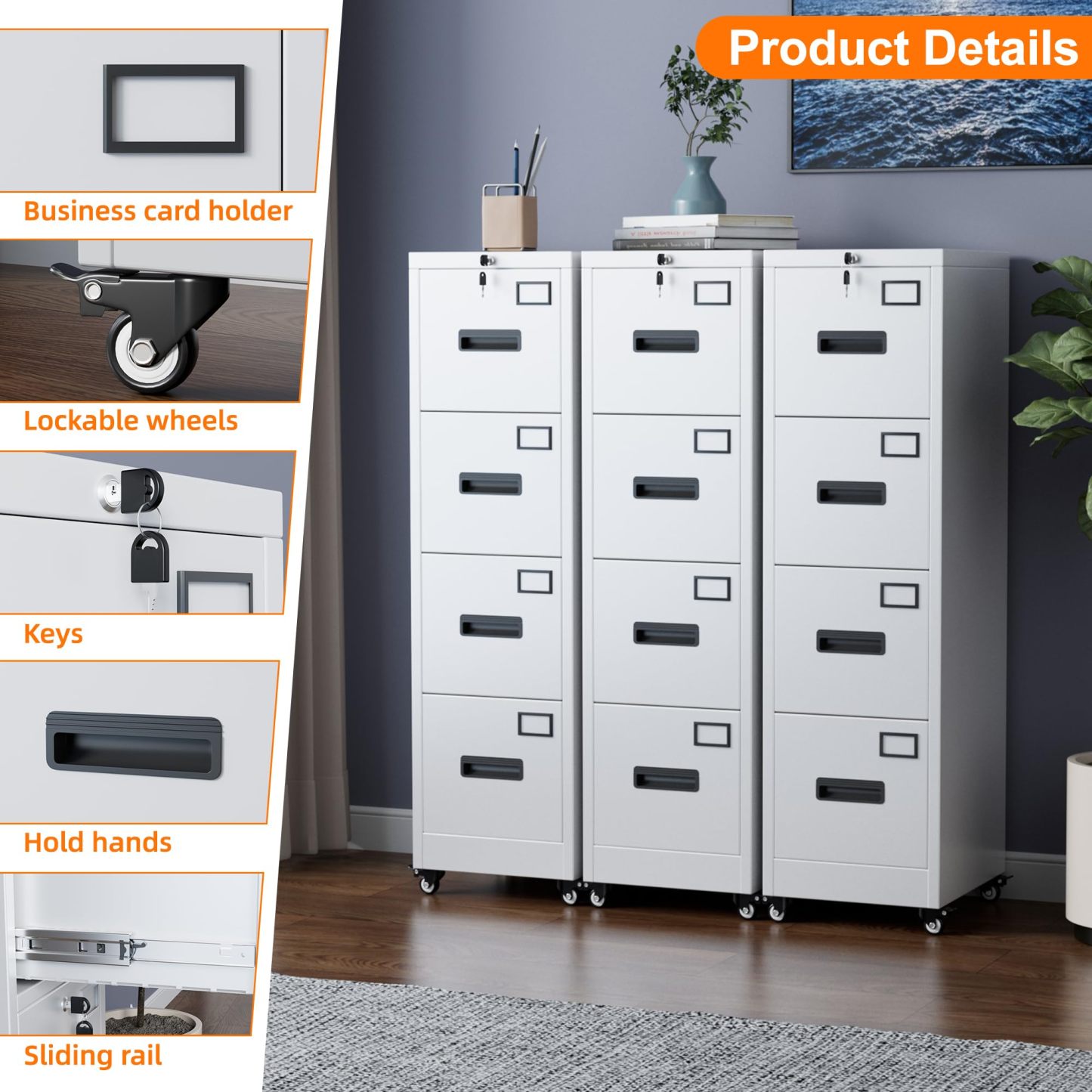 Aobabo 4 Drawer File Cabinet with Wheels,Required Assembly,White