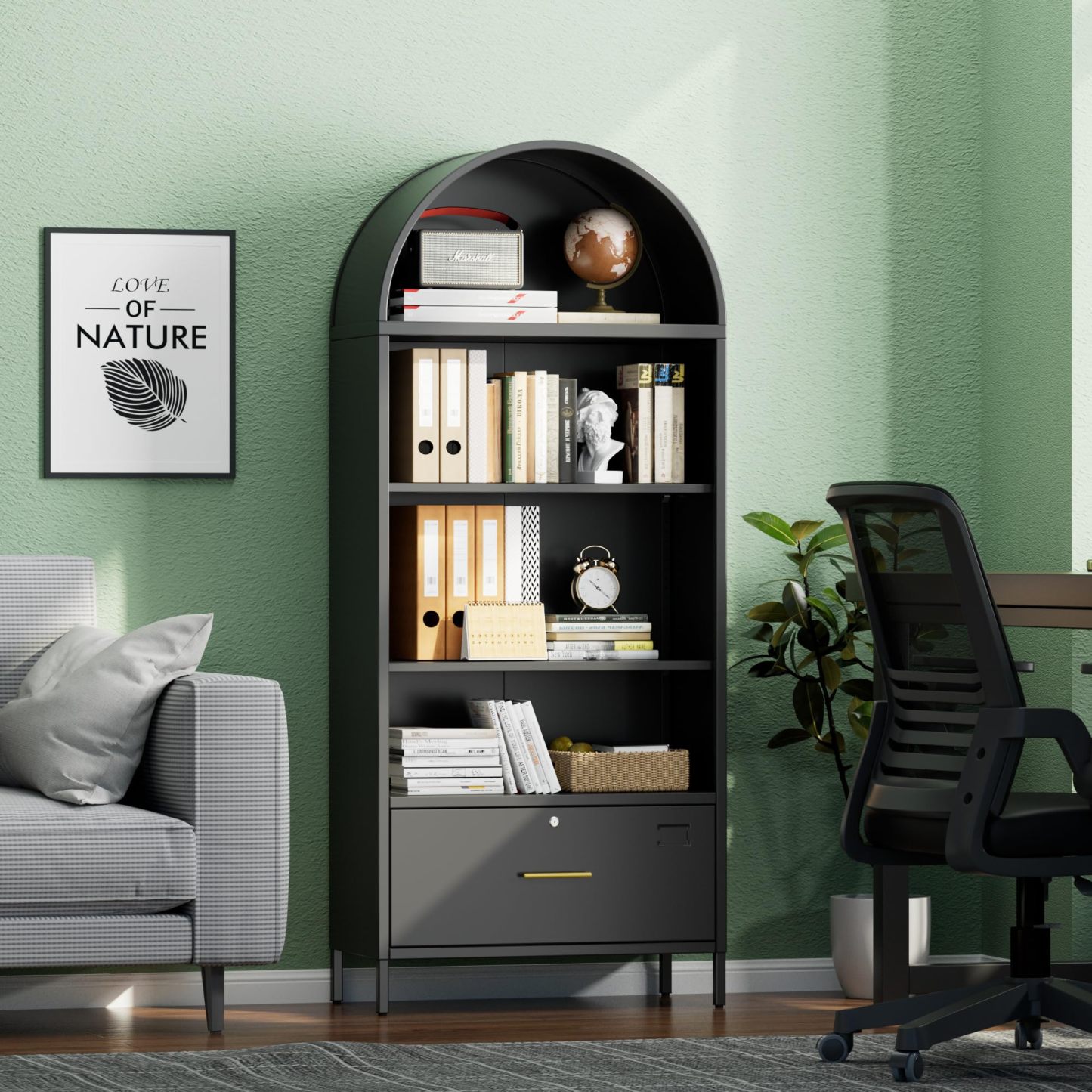 Metal Arched Storage Display Bookcase Cabinet
