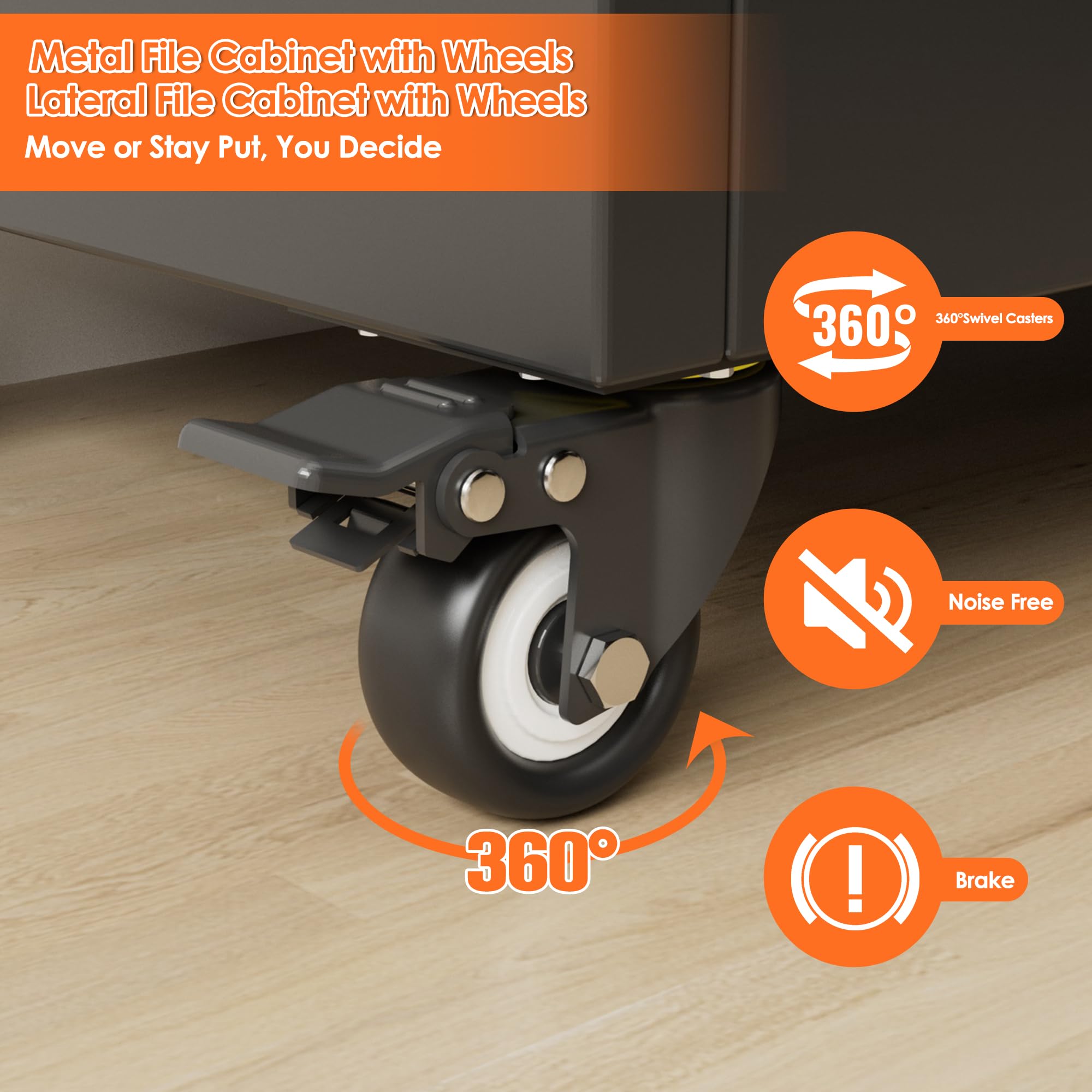 Metal 3 Drawers Lateral File Storage Cabinet and Unit Adjustable Shelf Organizer, Steel Files Cabinet with Wheels, 2 Door ,Black